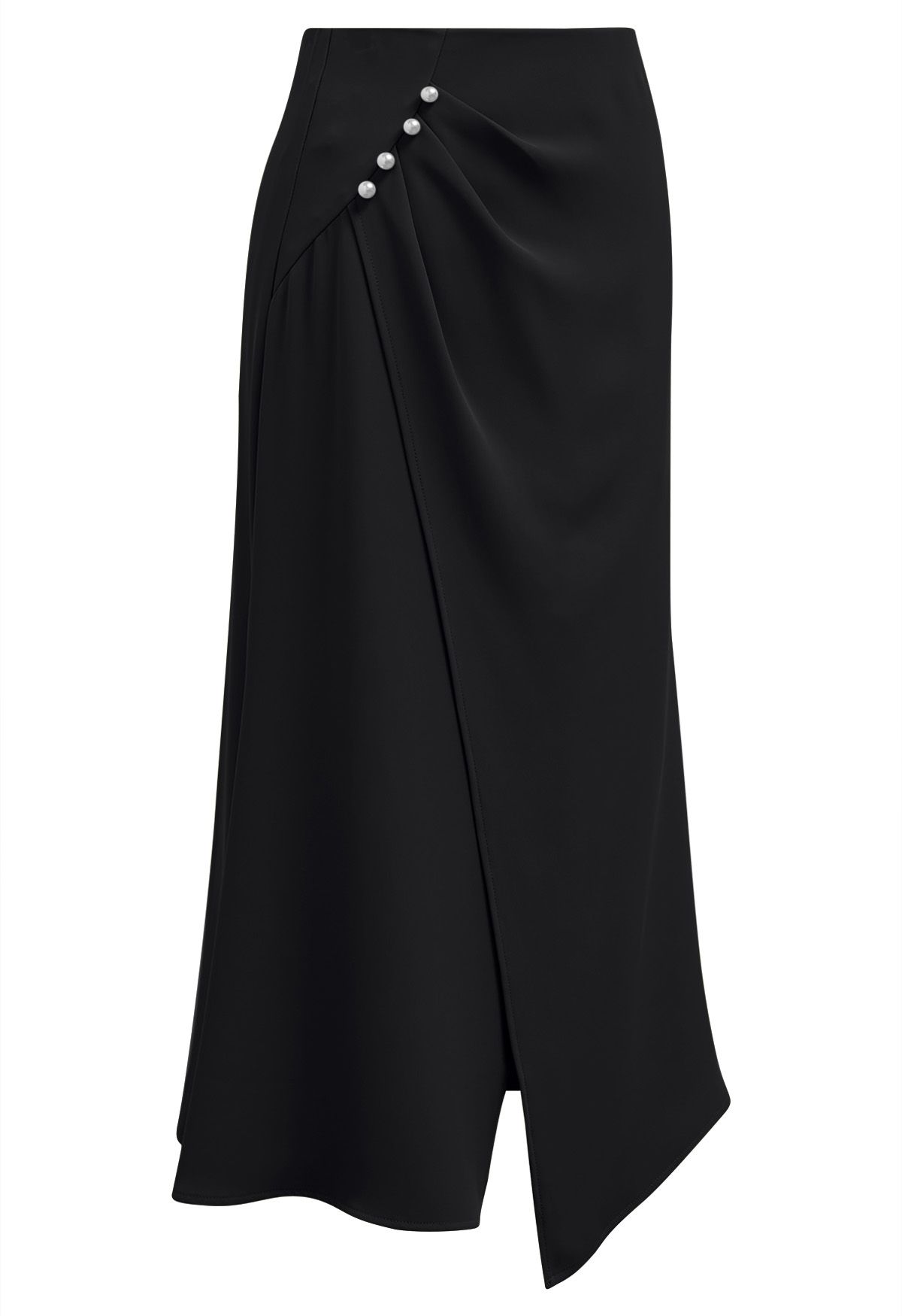 Pearl Side Pleats Asymmetric Flap Midi Skirt in Black