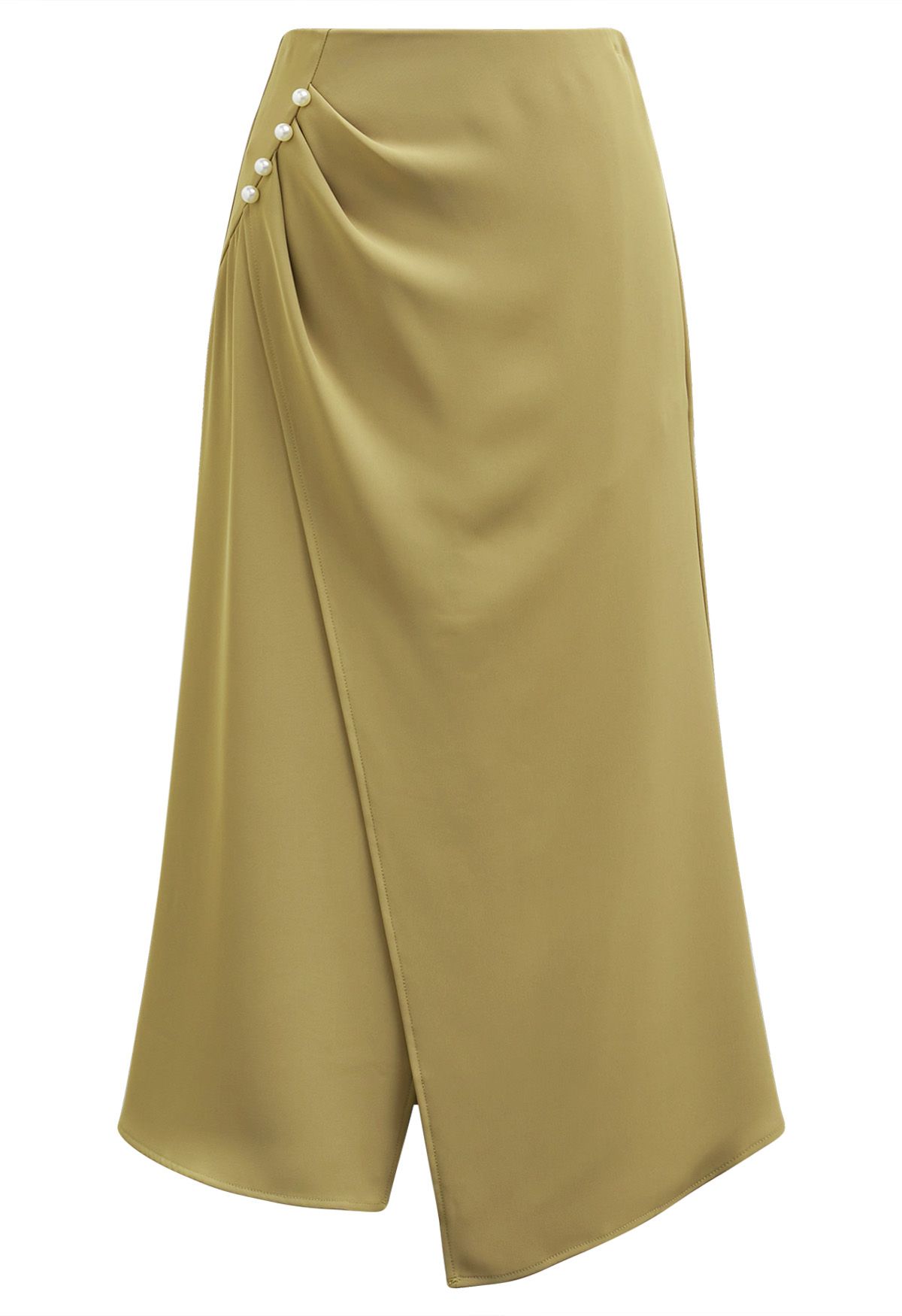 Pearl Side Pleats Asymmetric Flap Midi Skirt in Mustard