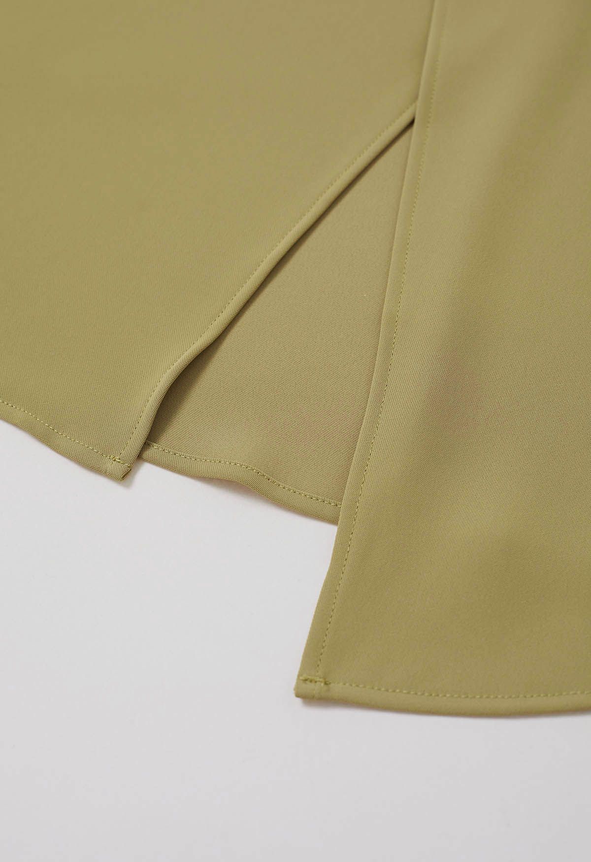 Pearl Side Pleats Asymmetric Flap Midi Skirt in Mustard