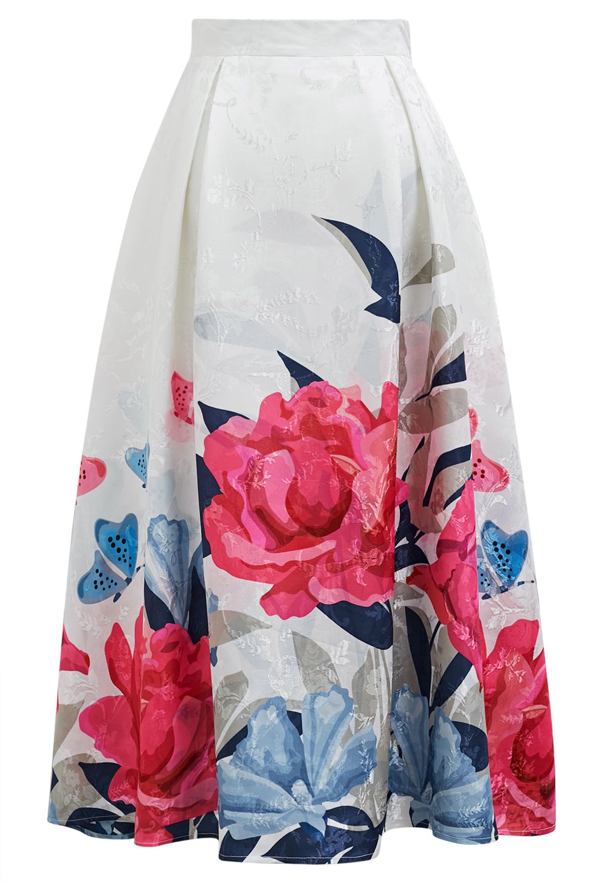 Garden Blossom Jacquard Pleated Flare Midi Skirt