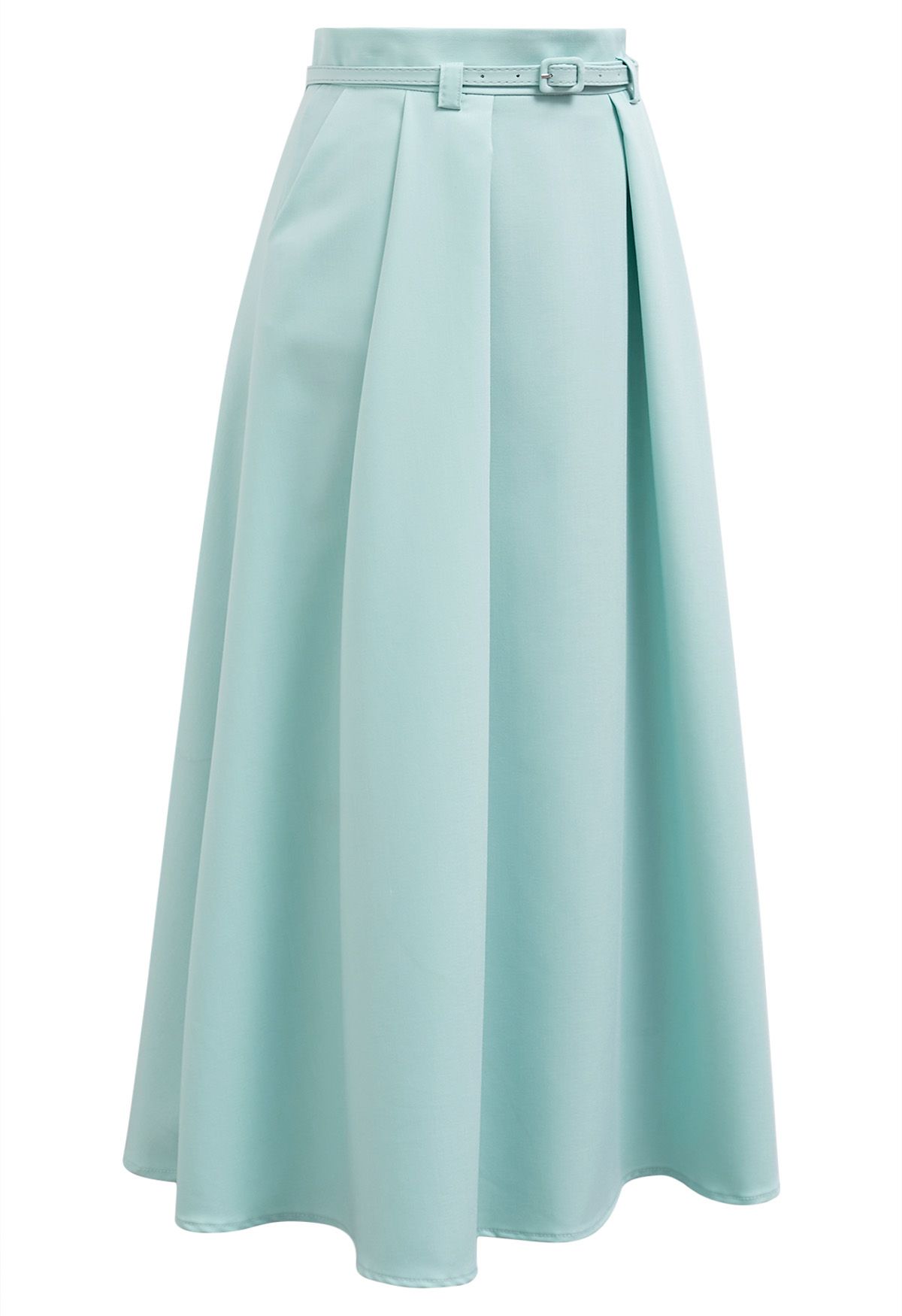 Side Pockets Pleated Belt Midi Skirt in Mint