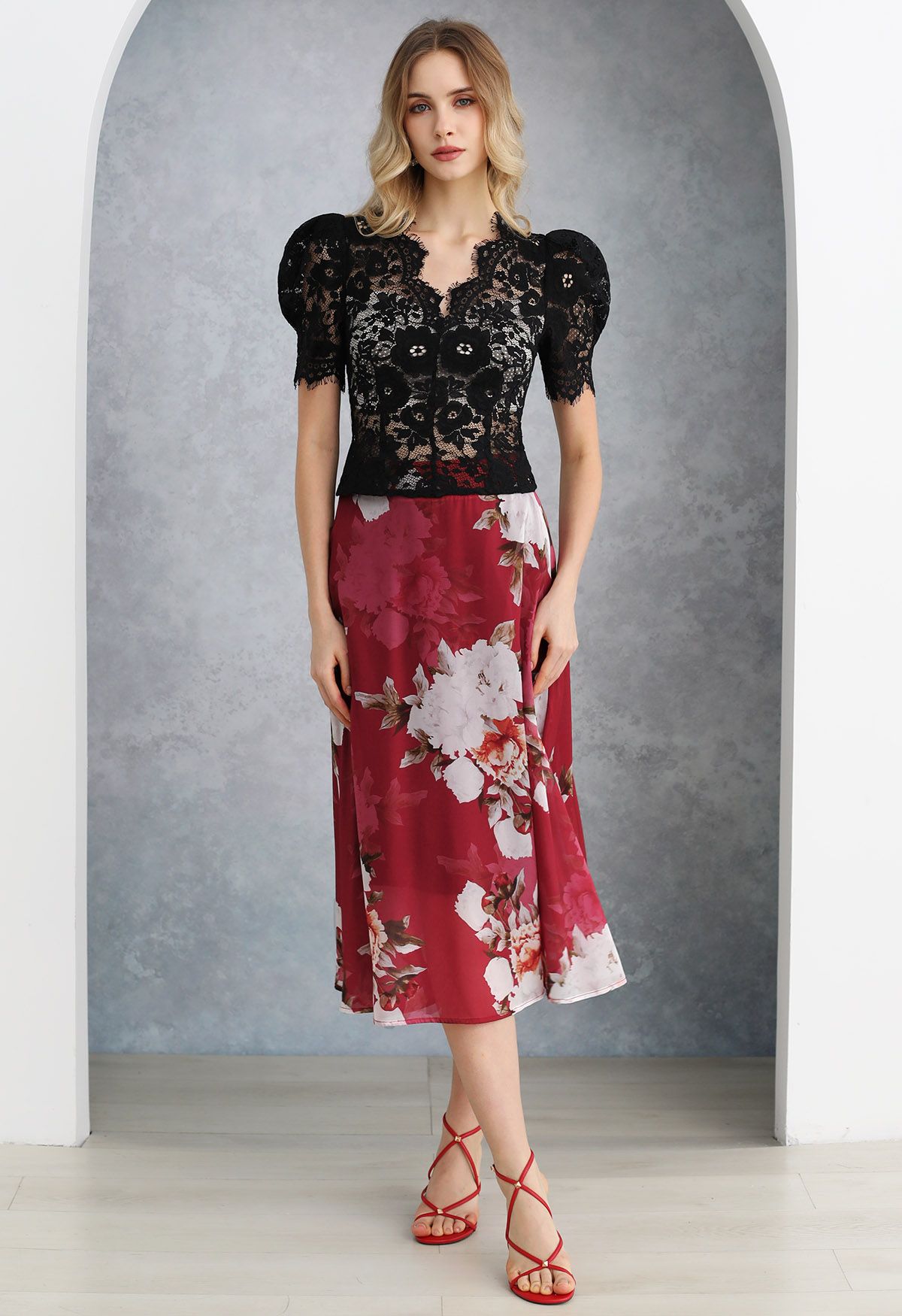 Bright Peony Soft Organza Flare Midi Skirt