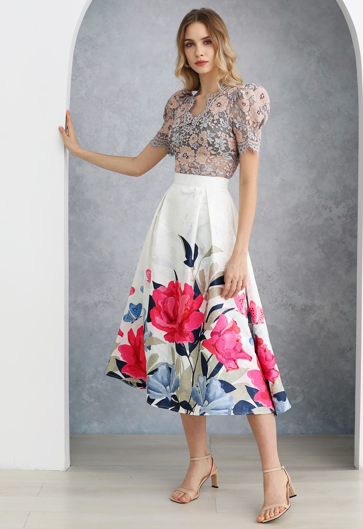 Garden Blossom Jacquard Pleated Flare Midi Skirt