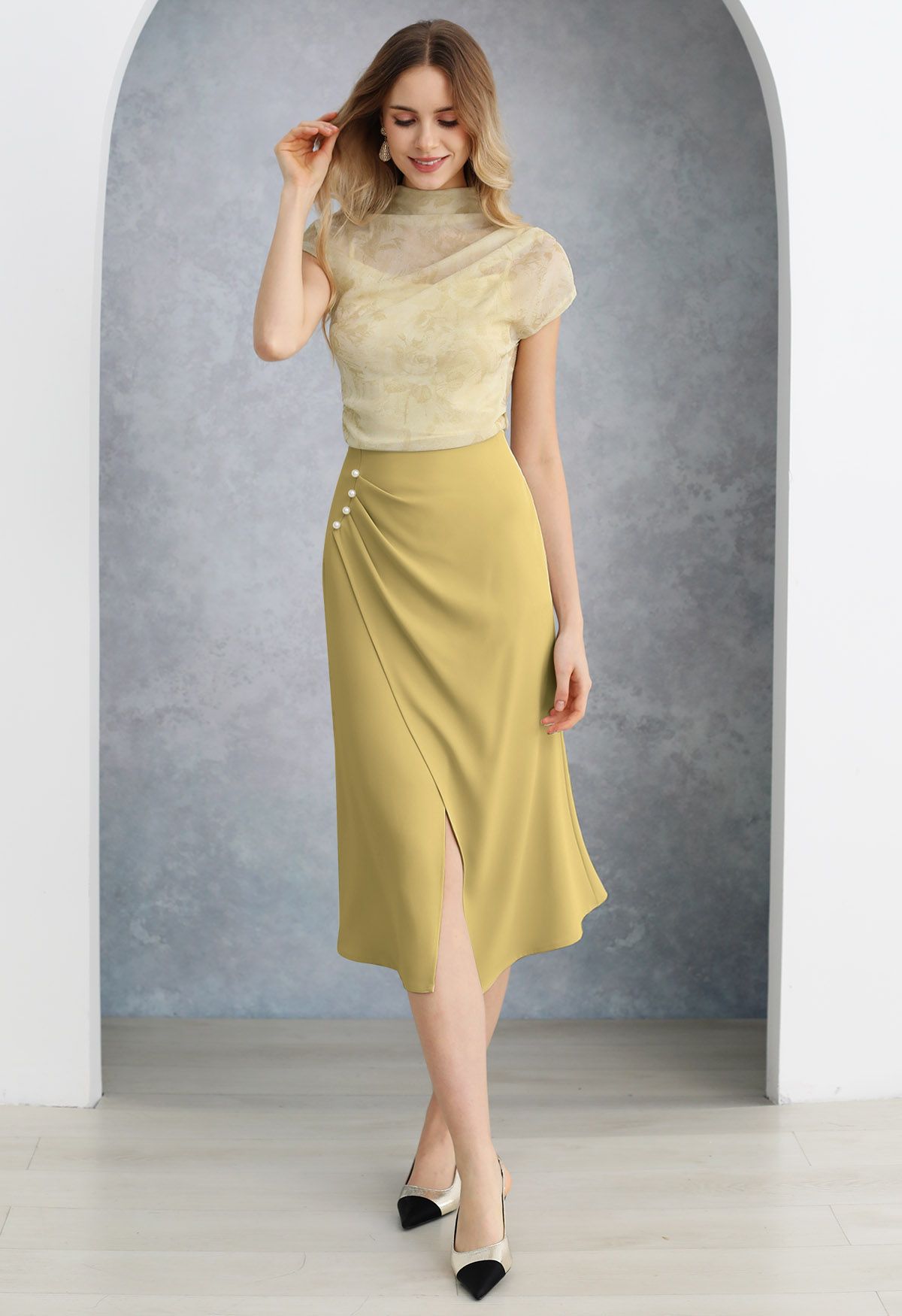 Pearl Side Pleats Asymmetric Flap Midi Skirt in Mustard