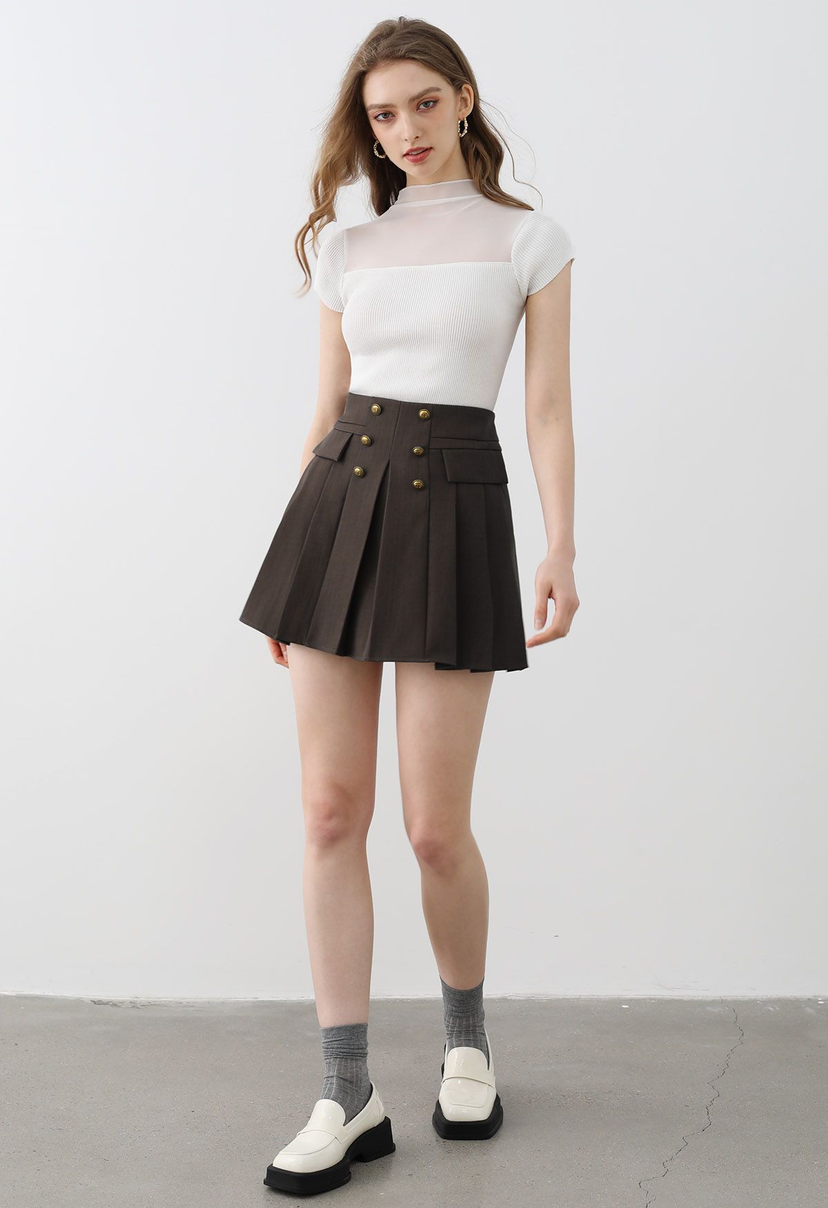 Double-Breasted Pleated Preppy Mini Skorts in Brown