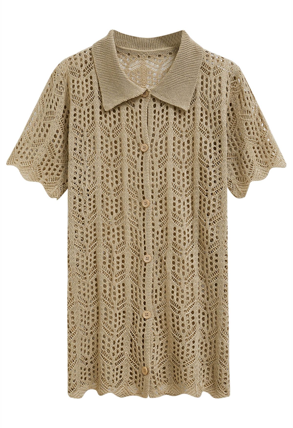 Boho Beach Crochet Buttoned Cover-Up in Camel