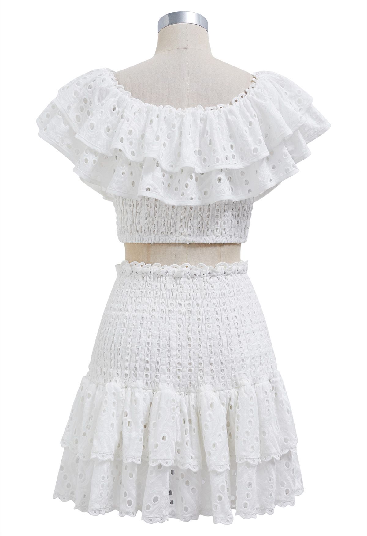 Ruffled Off-Shoulder Shirred Crop Top and Mini Skirt Set in White