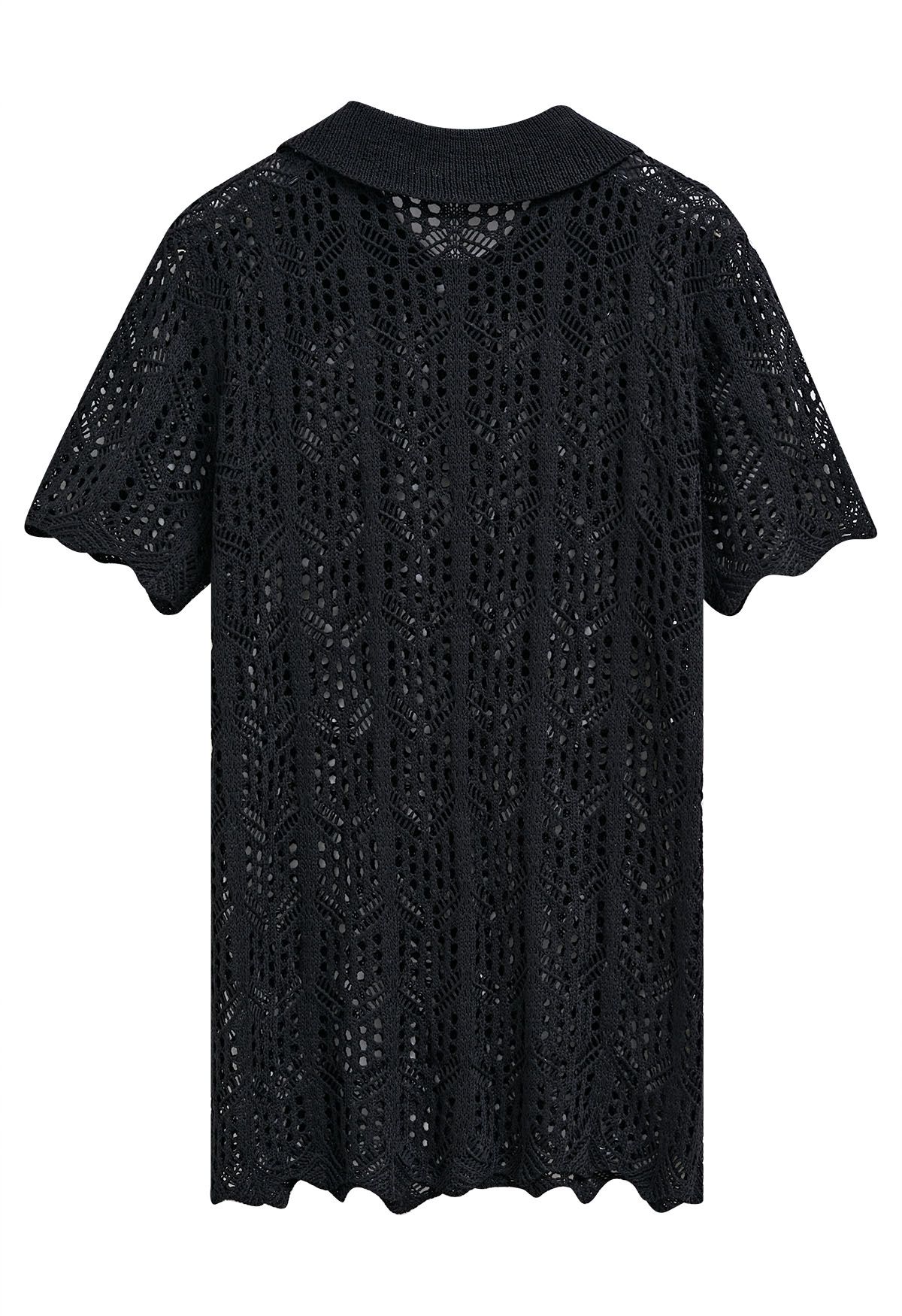 Boho Beach Crochet Buttoned Cover-Up in Black