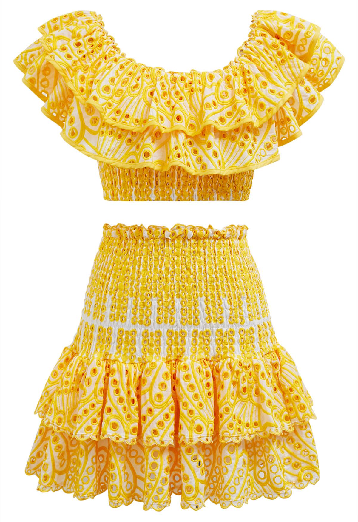 Ruffled Off-Shoulder Shirred Crop Top and Mini Skirt Set in Yellow