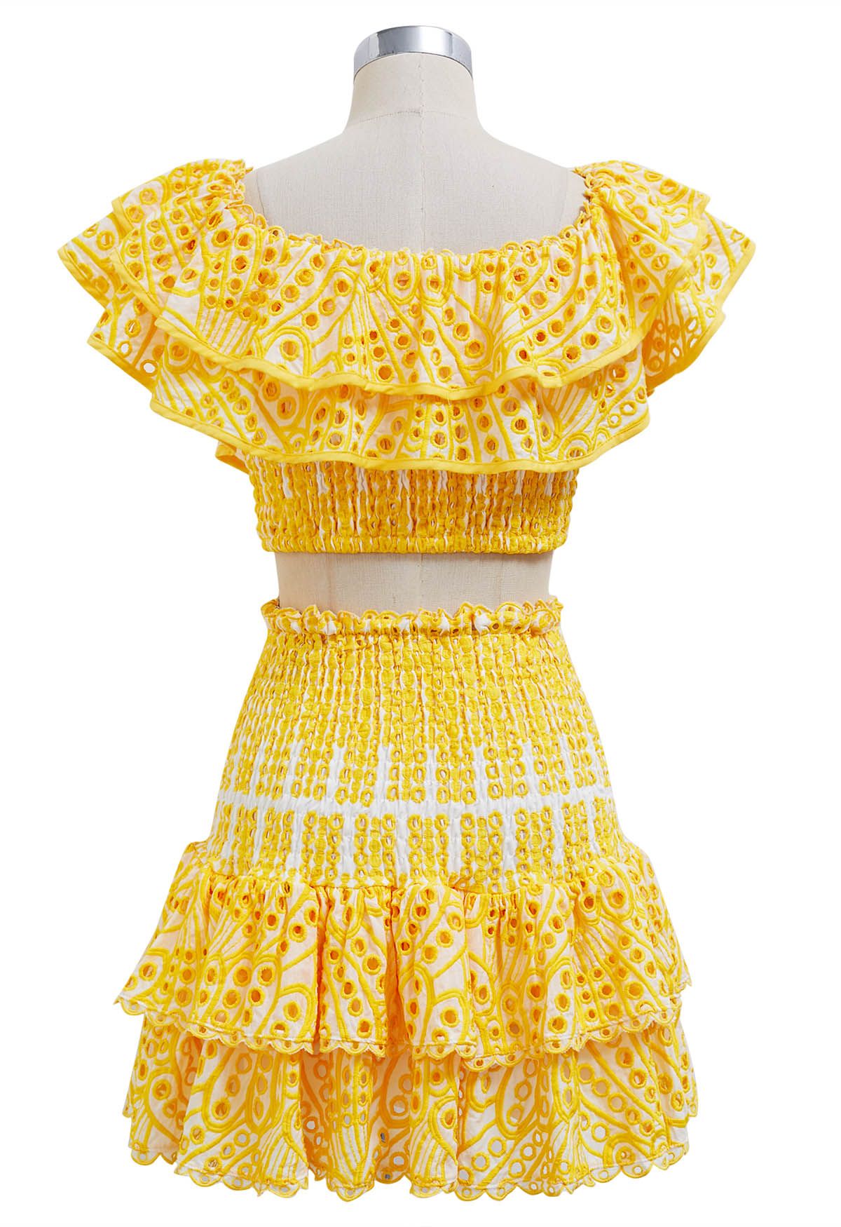 Ruffled Off-Shoulder Shirred Crop Top and Mini Skirt Set in Yellow