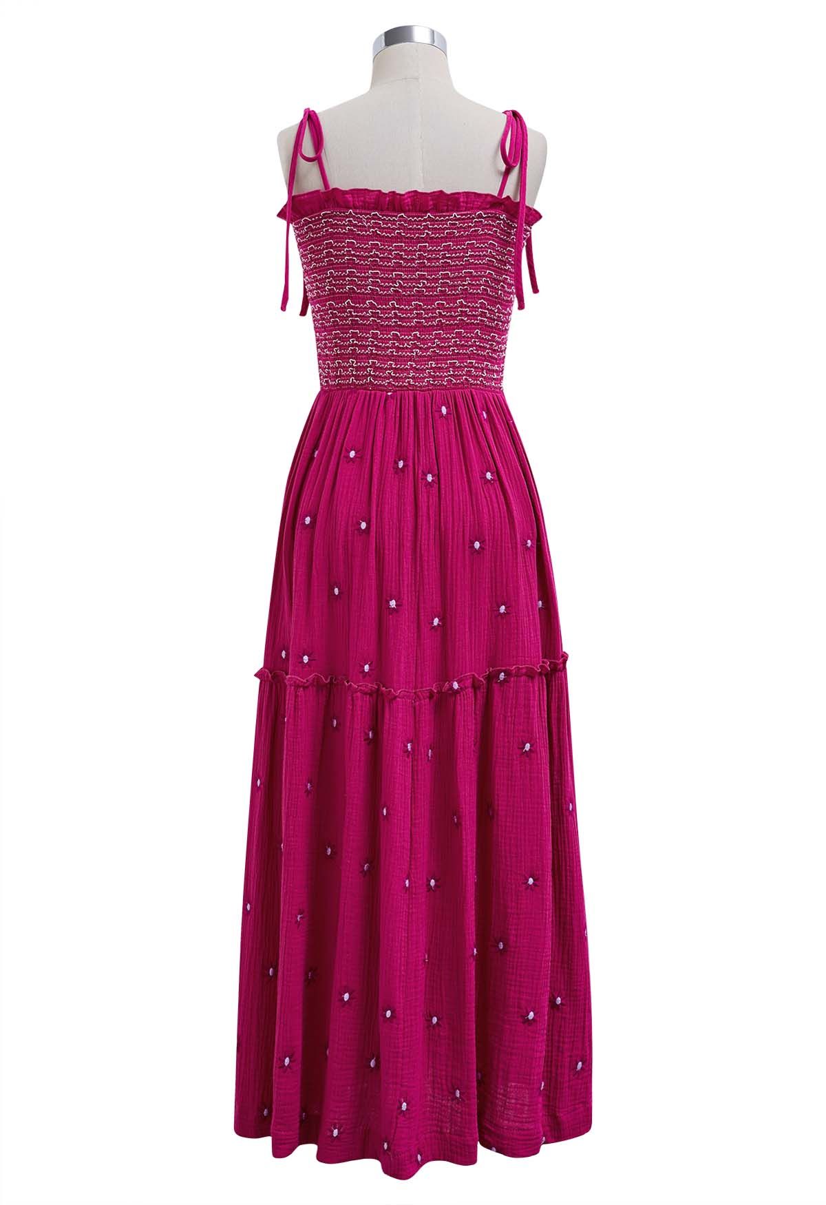 Floret Embroidery Tie-Shoulder Shirred Dress in Hot Pink