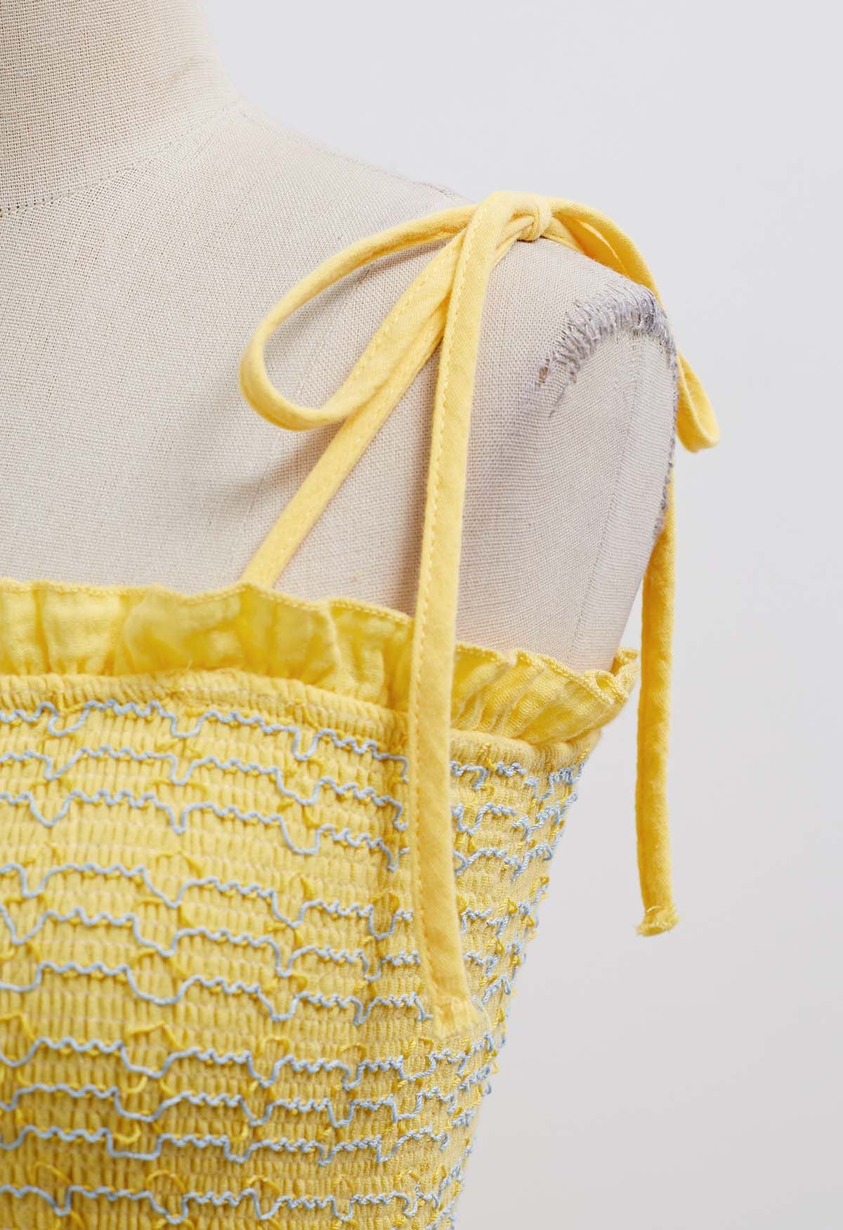 Floret Embroidery Tie-Shoulder Shirred Dress in Yellow