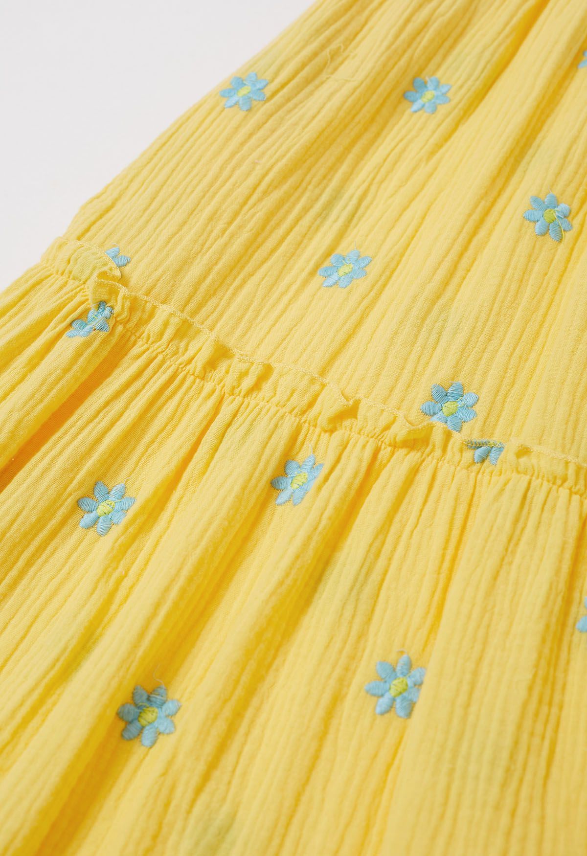 Floret Embroidery Tie-Shoulder Shirred Dress in Yellow