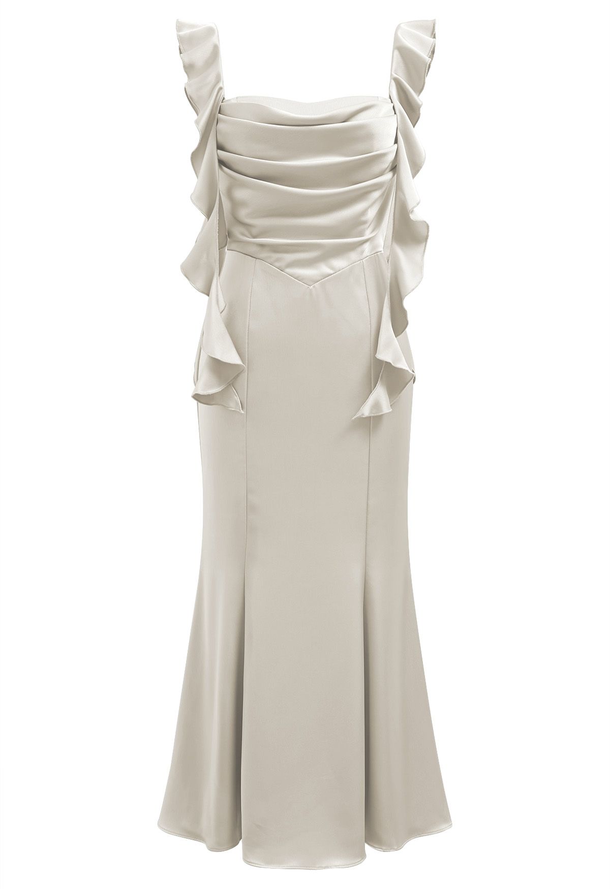 Cascading Ruffle Trim Ruched Satin Dress in Ivory