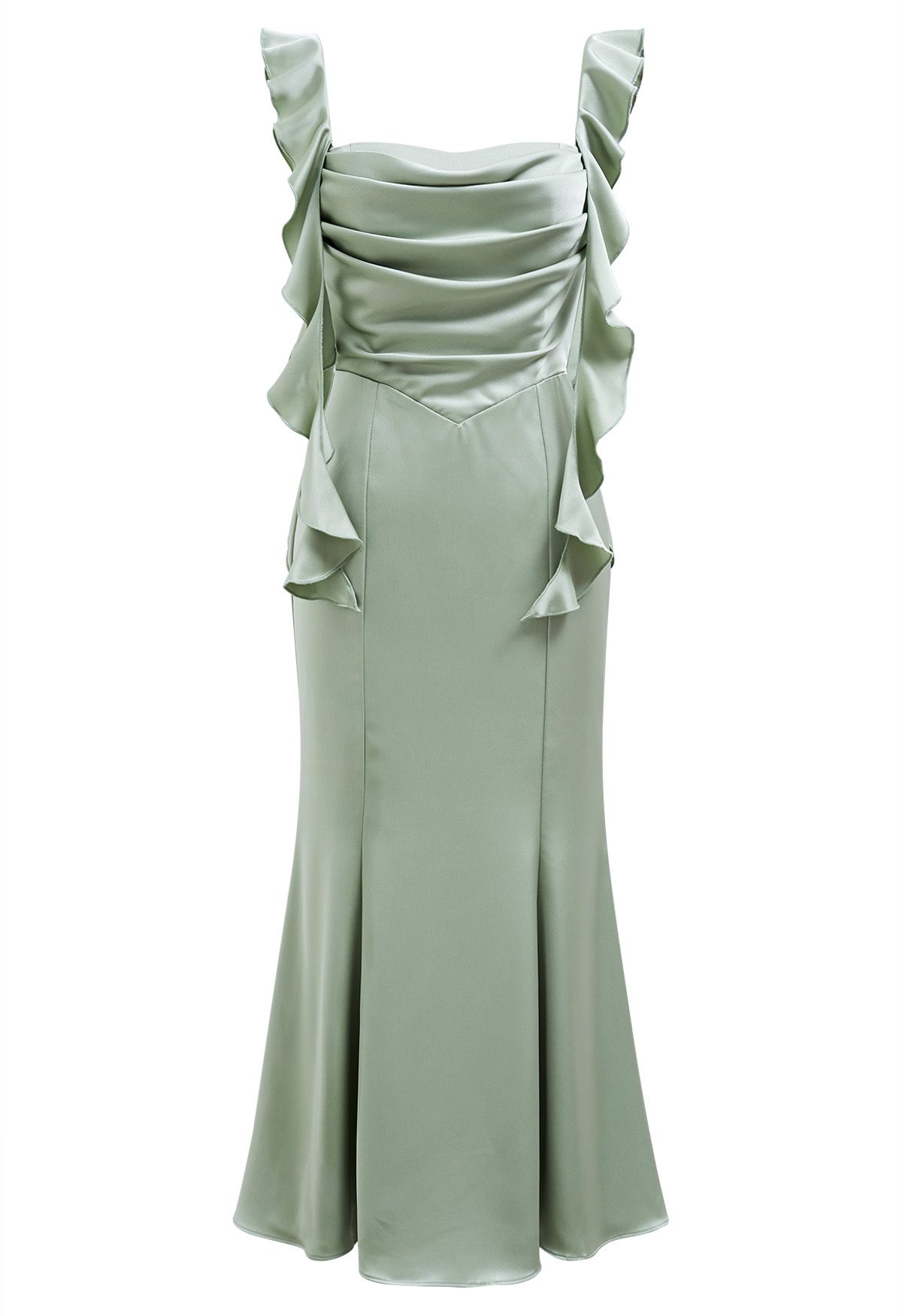 Cascading Ruffle Trim Ruched Satin Dress in Mint