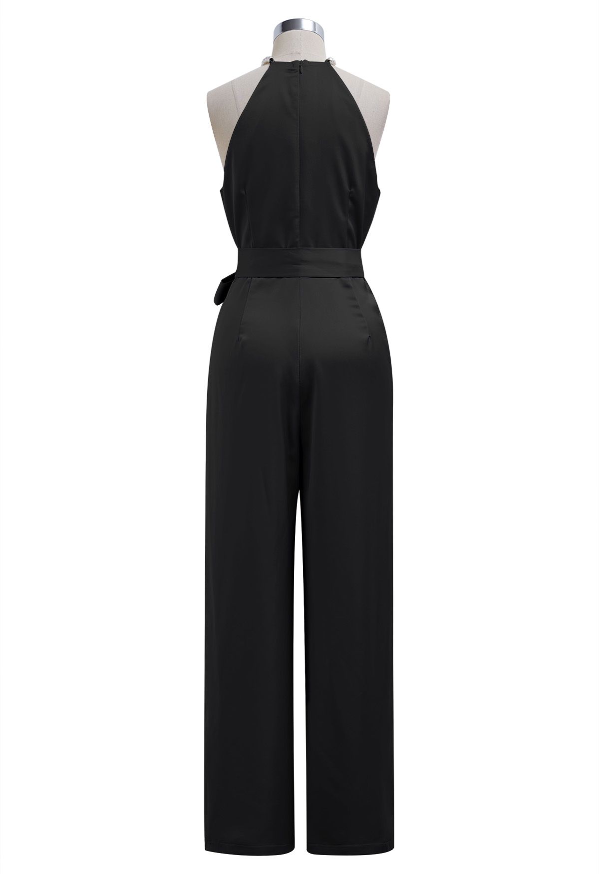 Satin Tie-Waist Pearly Halter Jumpsuit in Black