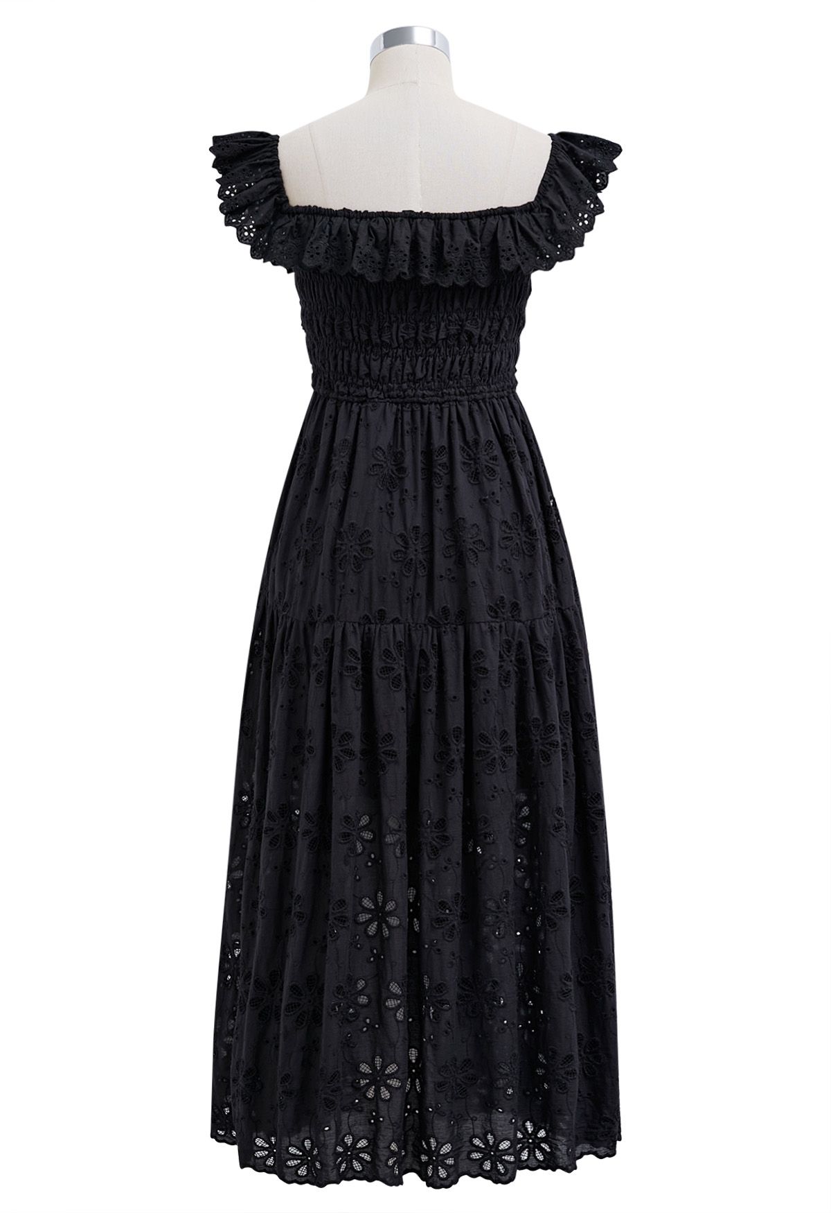 Embroidered Daisy Ruffled Off-Shoulder Midi Dress in Black