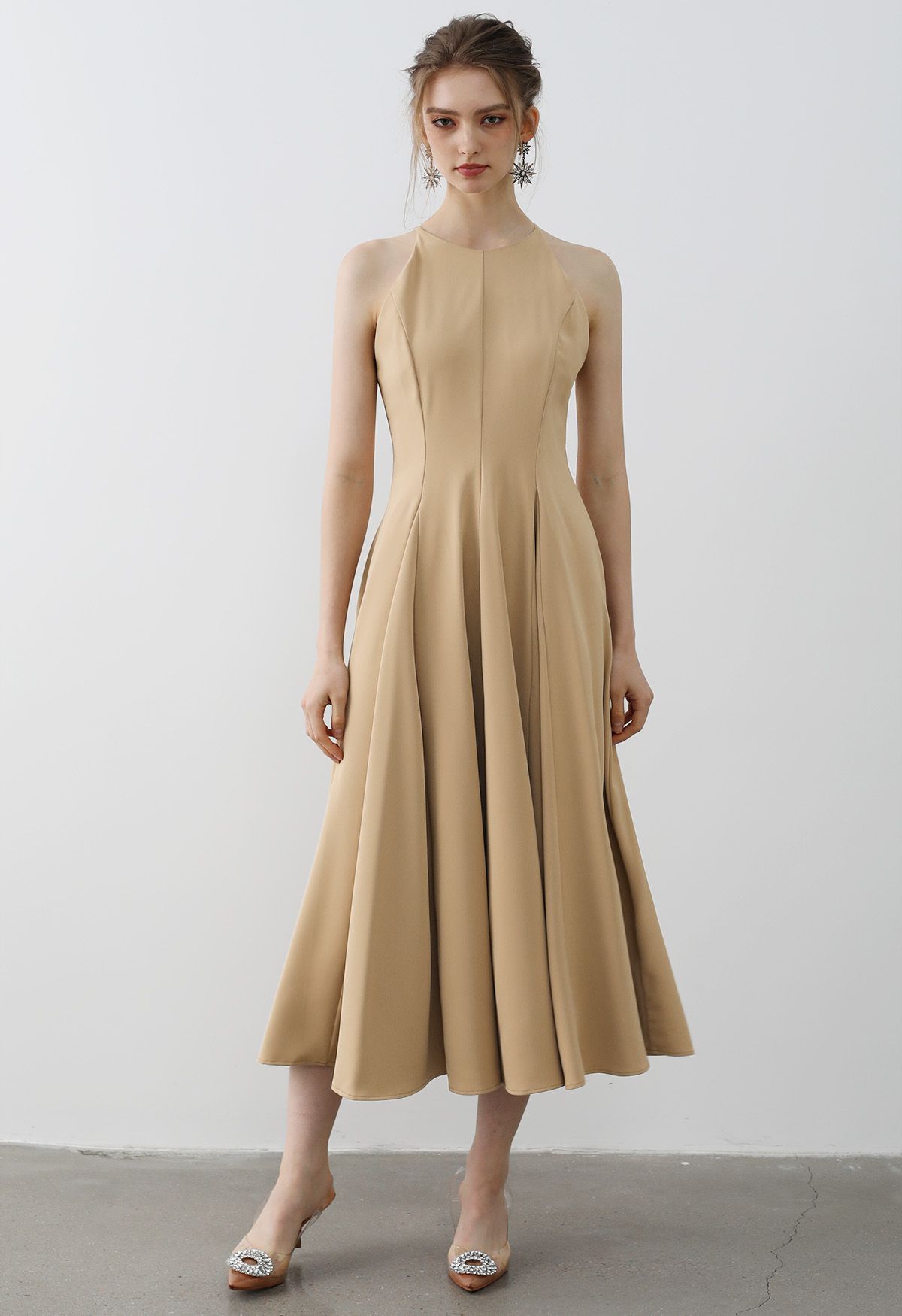 Refined Halter Neck Panelled Midi Dress in Camel