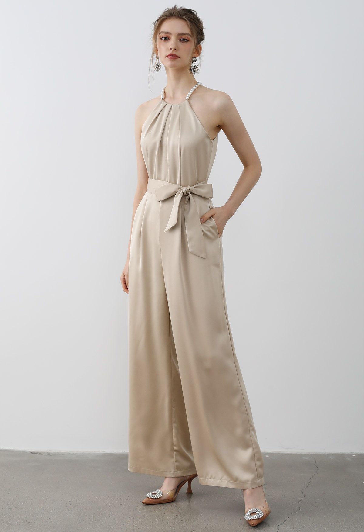 Satin Tie-Waist Pearly Halter Jumpsuit in Sand