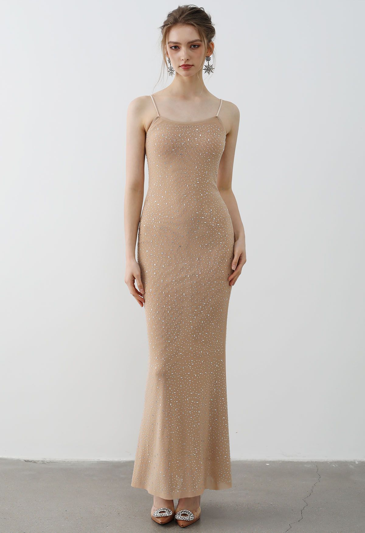 Rhinestone Embellished Bodycon Mesh Maxi Dress in Tan