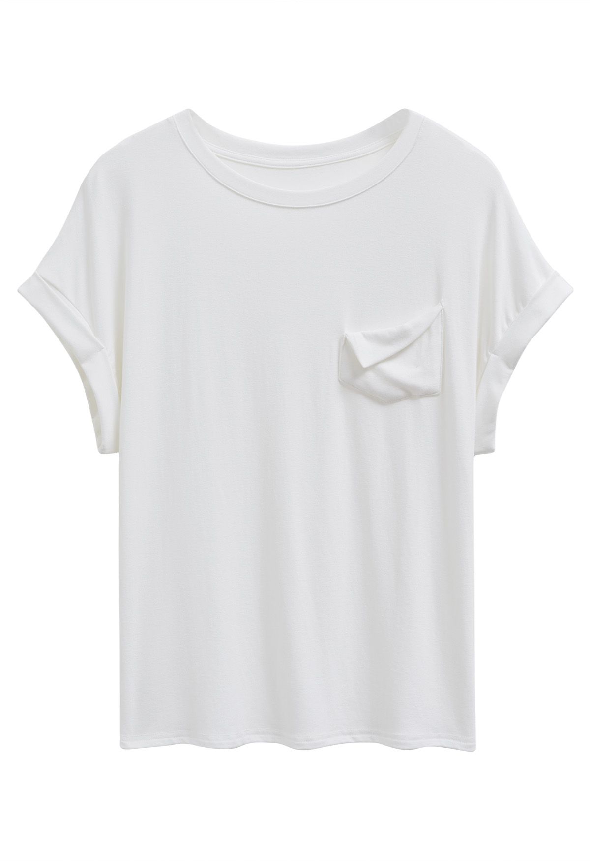 Pocket Trim Rolled Cuff T-Shirt in White