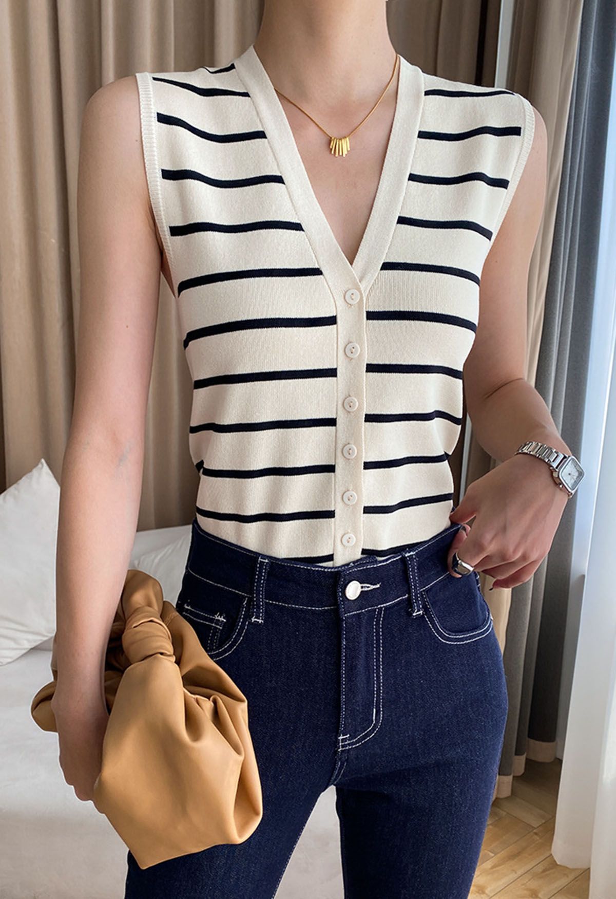 Classic Stripe Buttoned Knit Vest