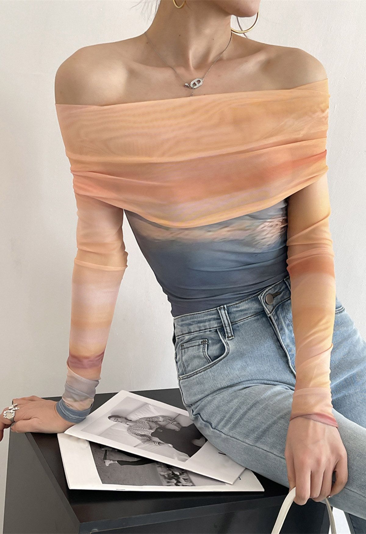 Gradient Tie Dye Off-Shoulder Mesh Top 