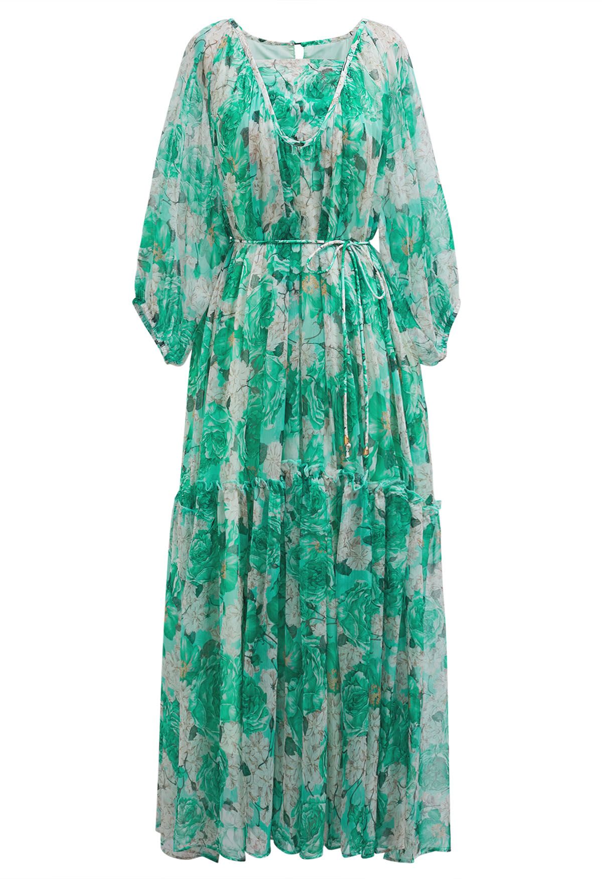 Gauzy Floral Print Bubble Sleeve Dolly Dress in Green