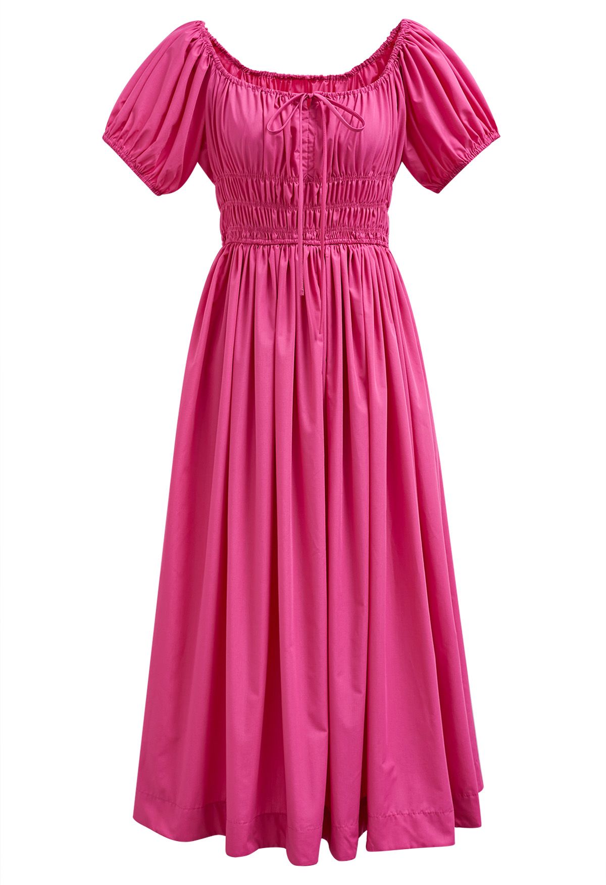 Square Neck Bubble Sleeve Shirred Midi Dress in Hot Pink