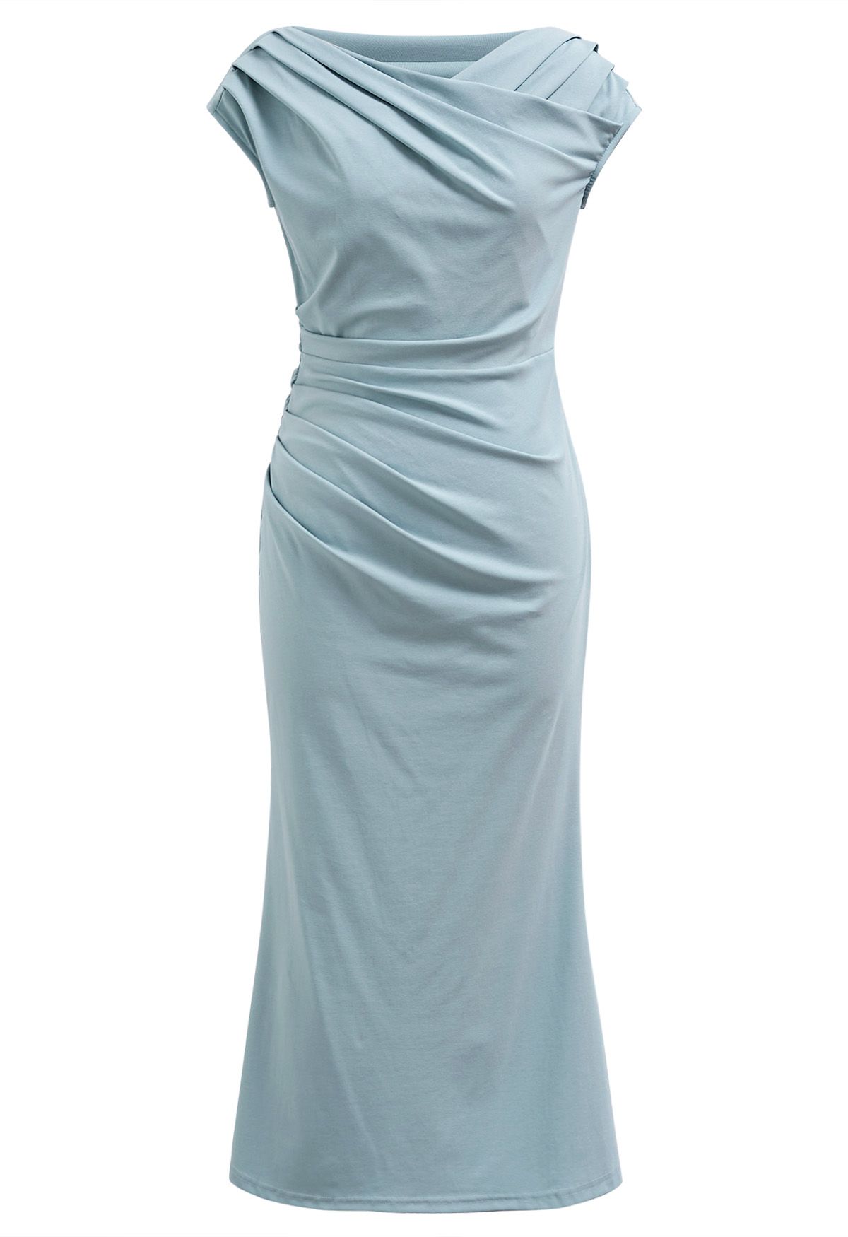 Crisscross Neck Ruched Mermaid Dress in Dusty Blue