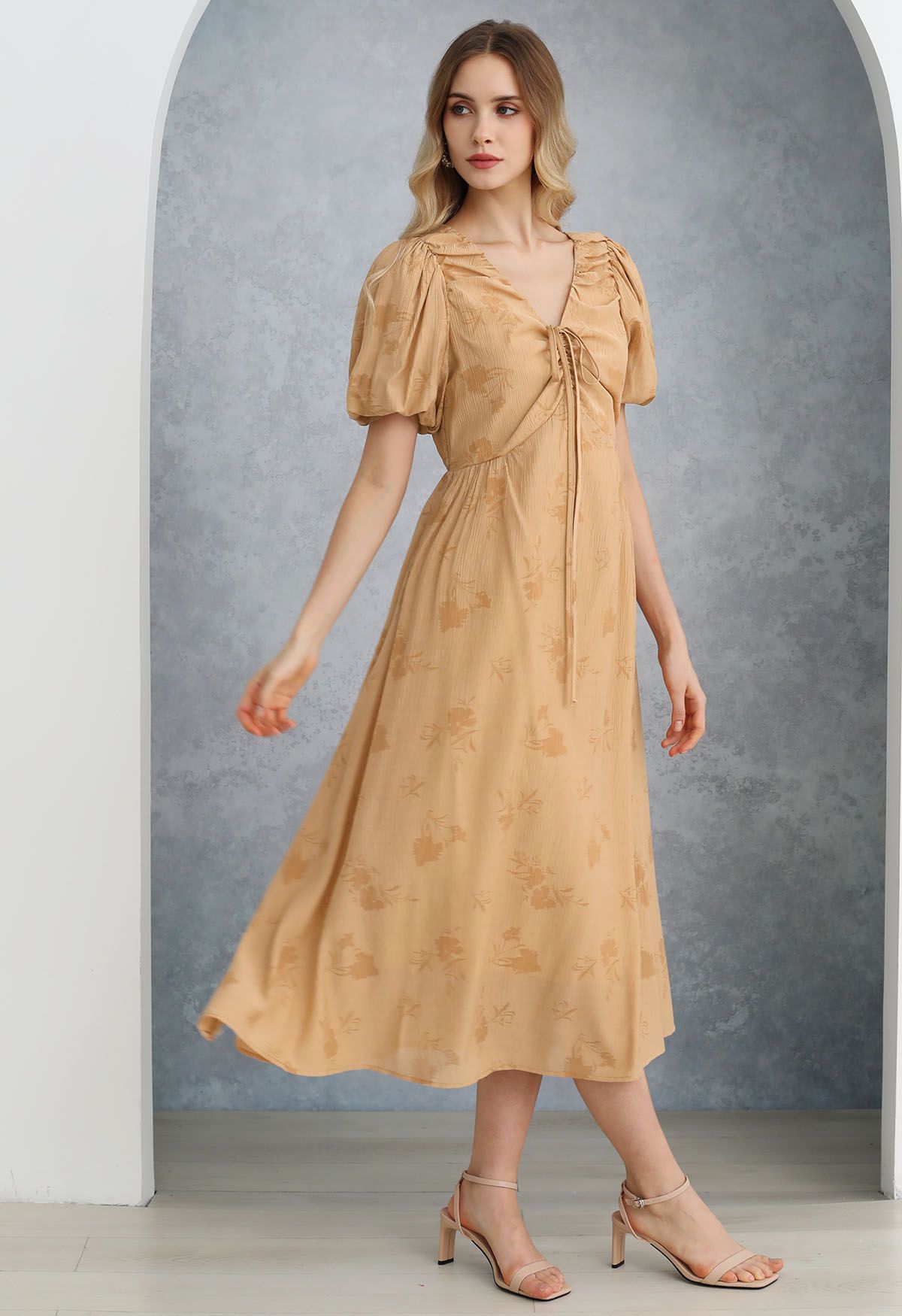 Subtle Floral Texture Drawstring V-Neck Midi Dress in Tan