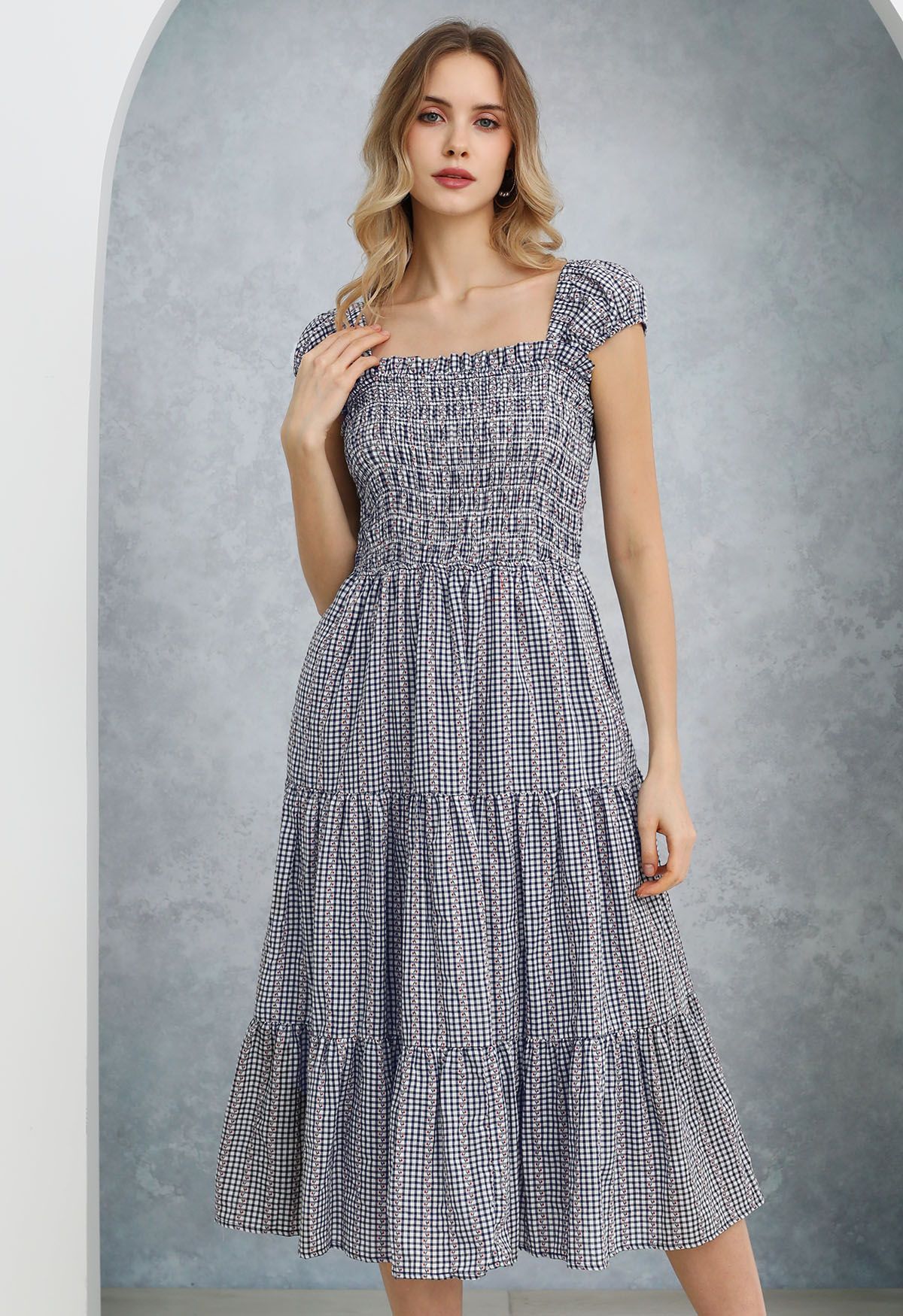 Gingham Charm Floret Square Neck Midi Dress in Black