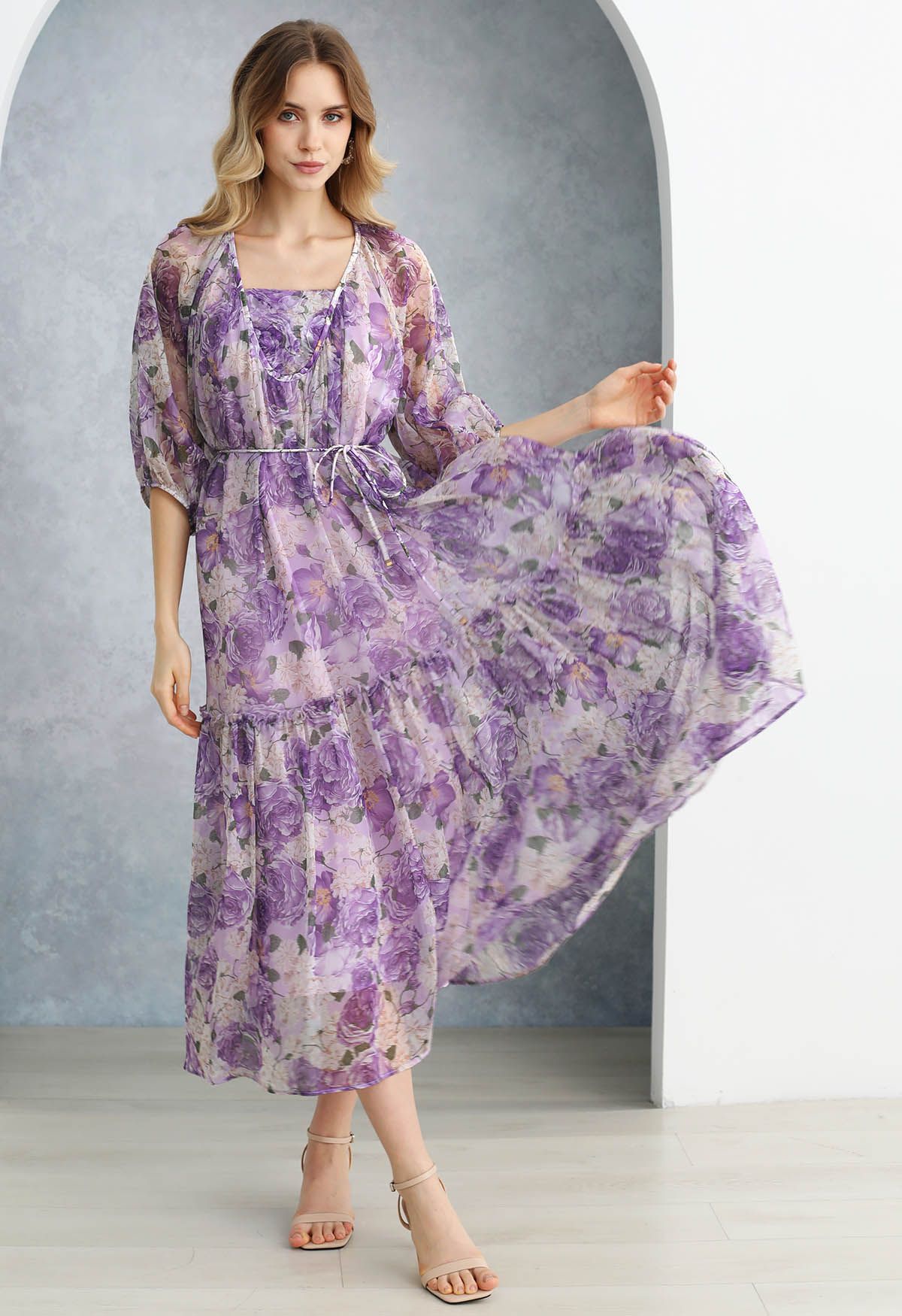 Gauzy Floral Print Bubble Sleeve Dolly Dress in Purple