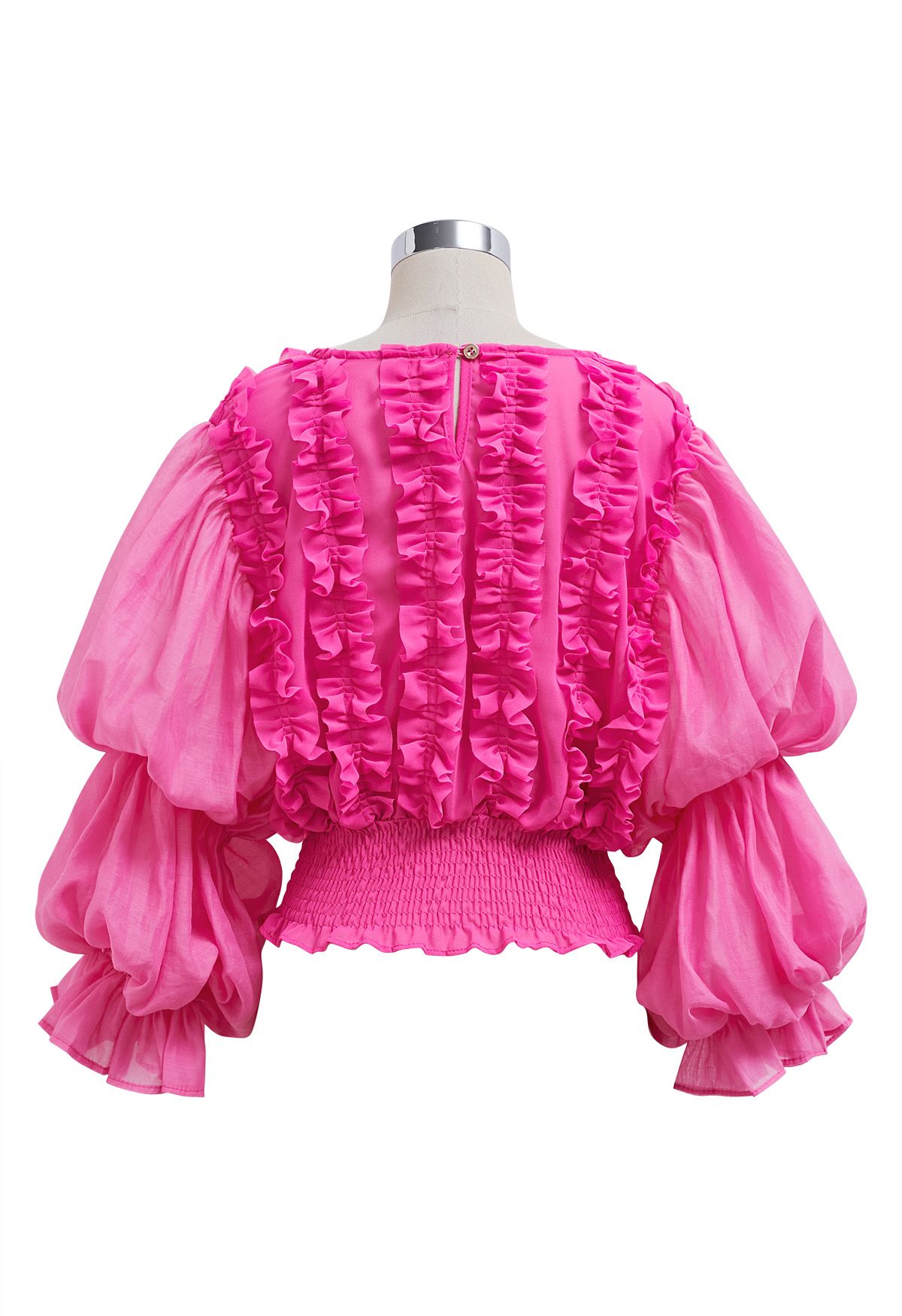 Bubble Sleeve Ruffle Trim Chiffon Spliced Crop Top in Magenta