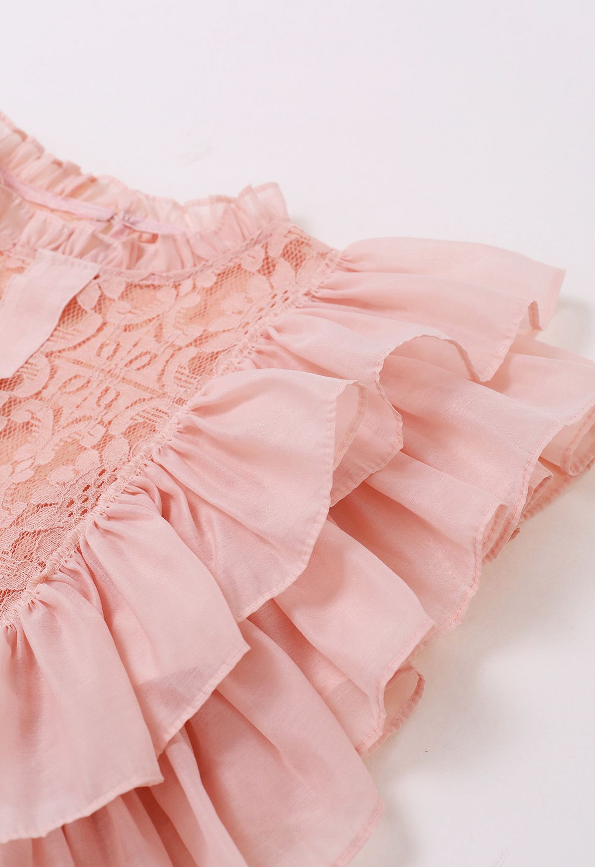 Tiered Ruffle Sleeveless Lace Crop Top in Nude Pink