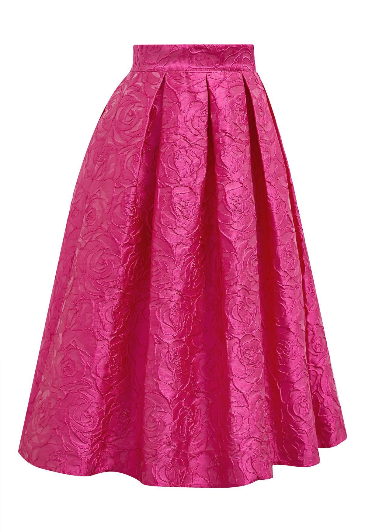 Hot Pink Roses Jacquard Side Pocket Pleated Midi Skirt