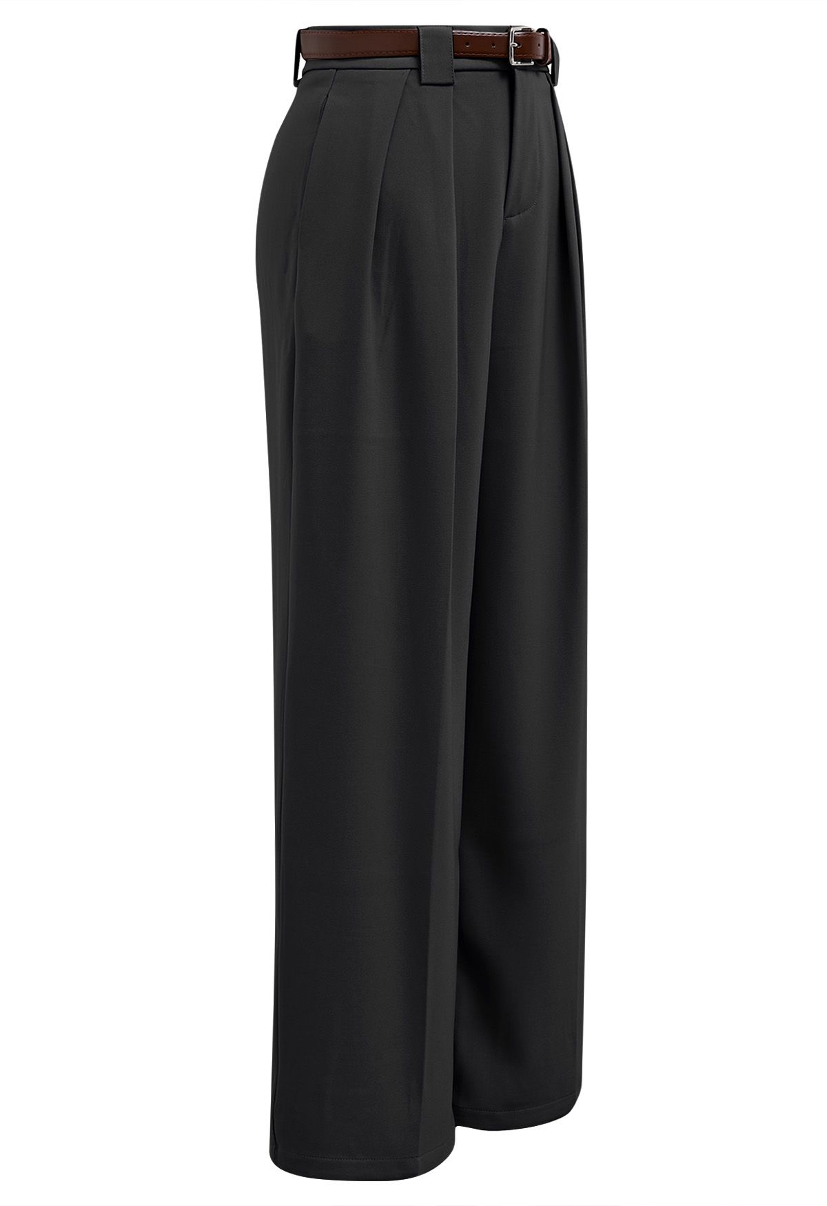 Faux Leather Belt Straight-Leg Pants in Black