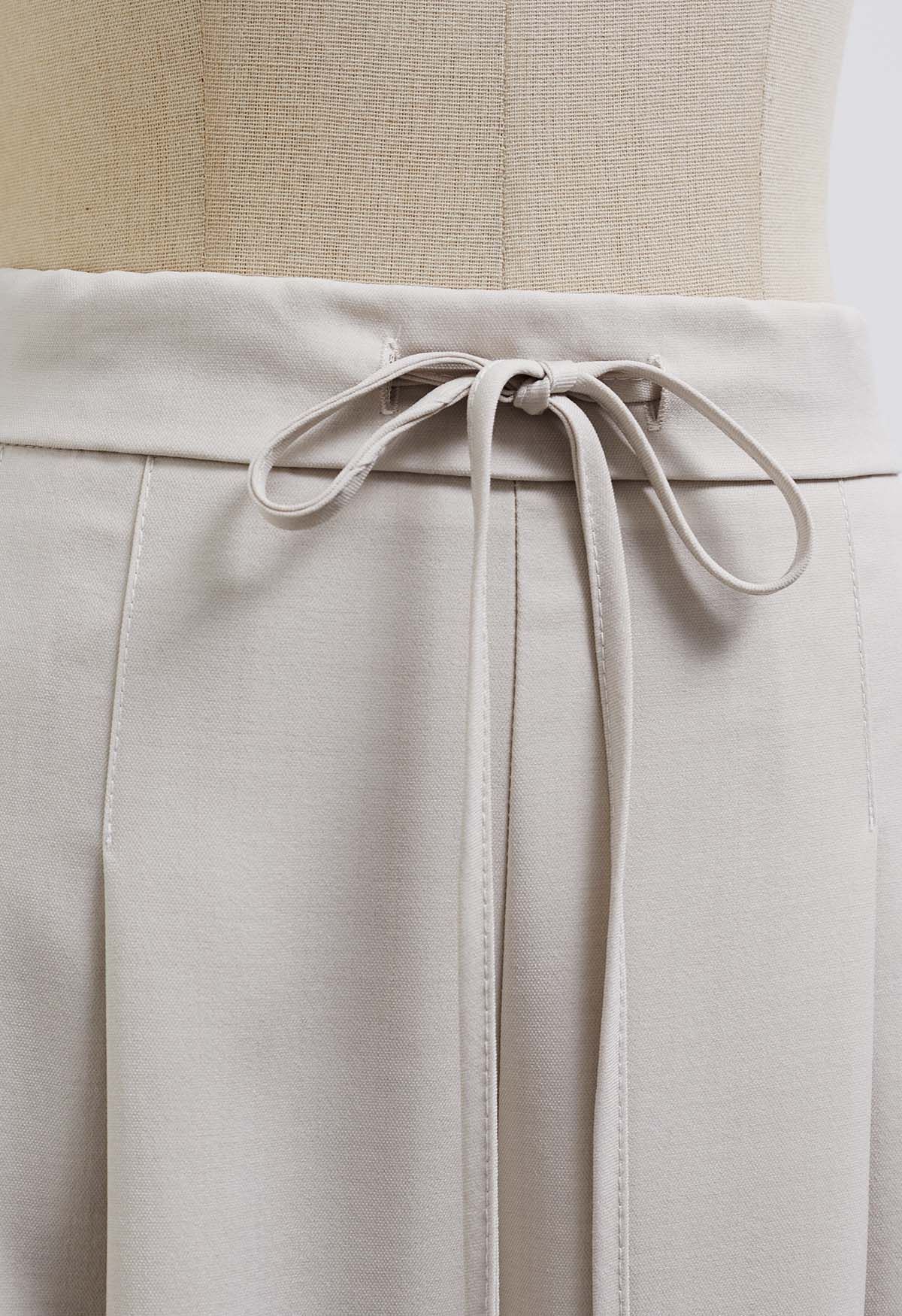 Self-Tie String Pleat Wide-Leg Pants in Ivory