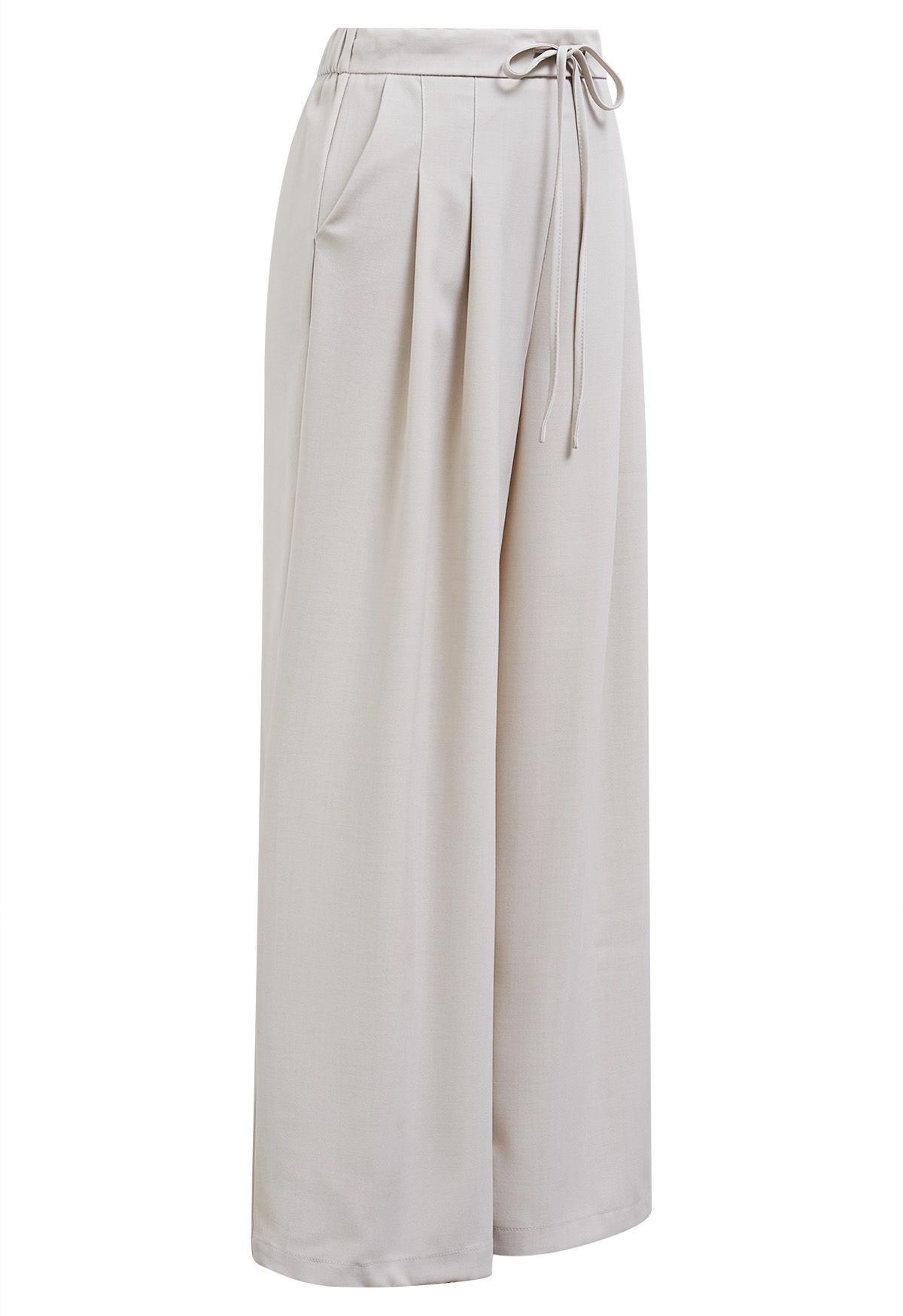 Self-Tie String Pleat Wide-Leg Pants in Ivory