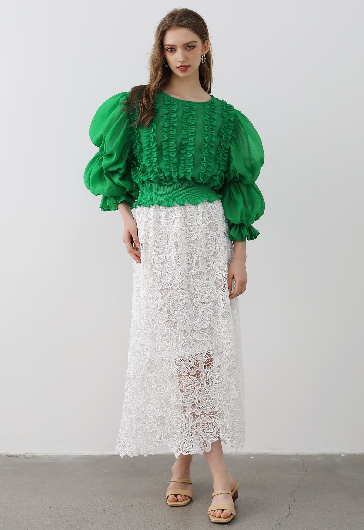 Exquisite Rose Cutwork Lace Maxi Skirt in White