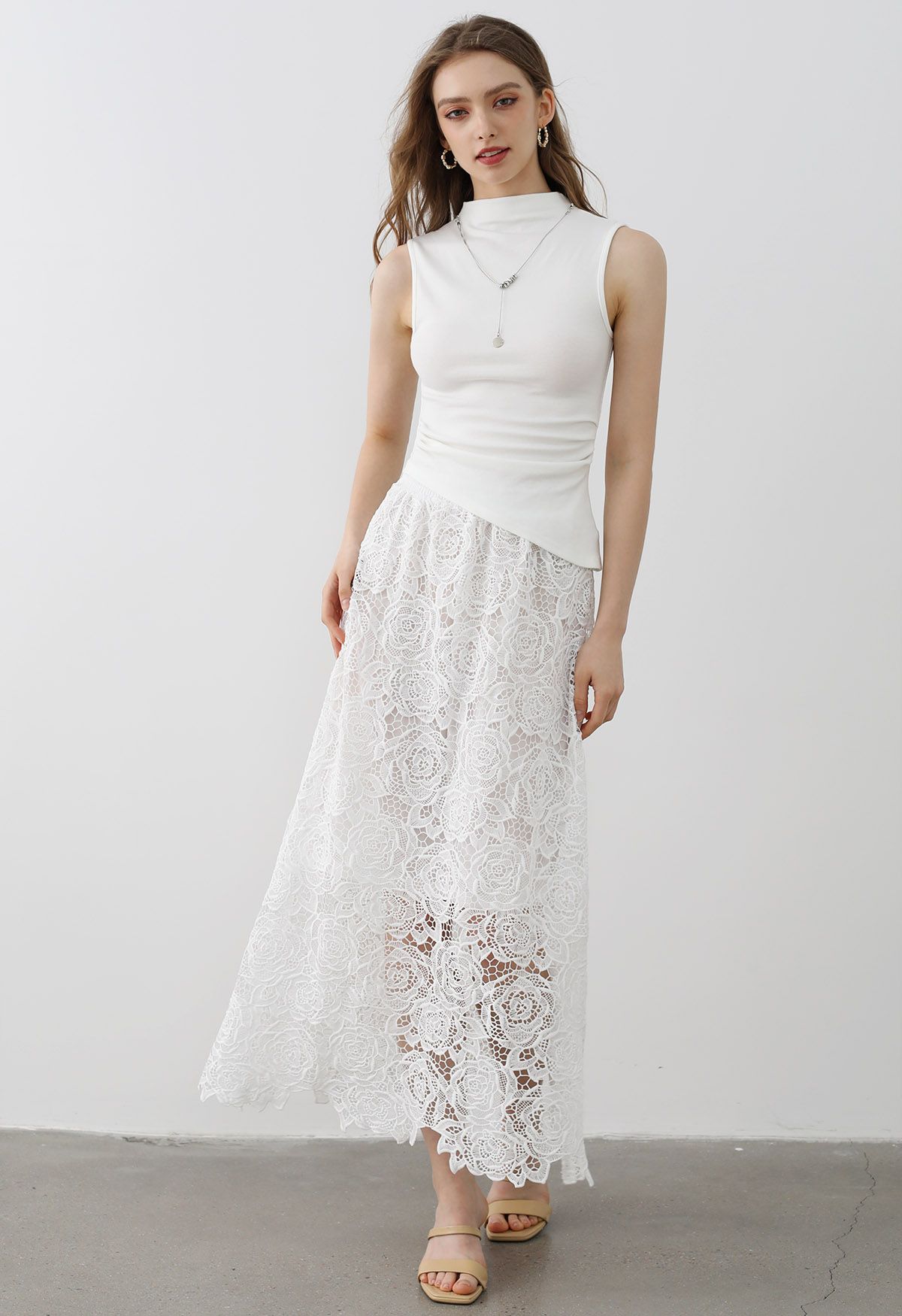 Exquisite Rose Cutwork Lace Maxi Skirt in White