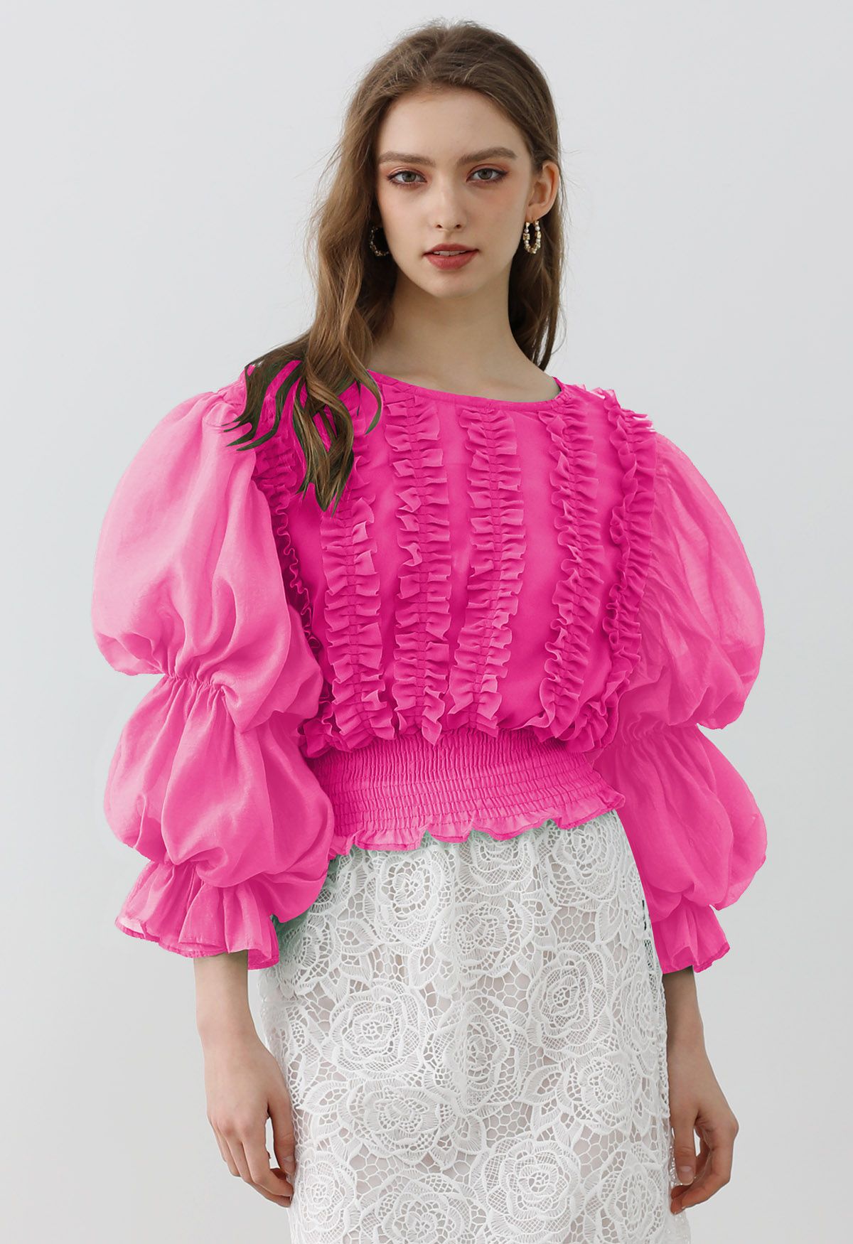 Bubble Sleeve Ruffle Trim Chiffon Spliced Crop Top in Magenta