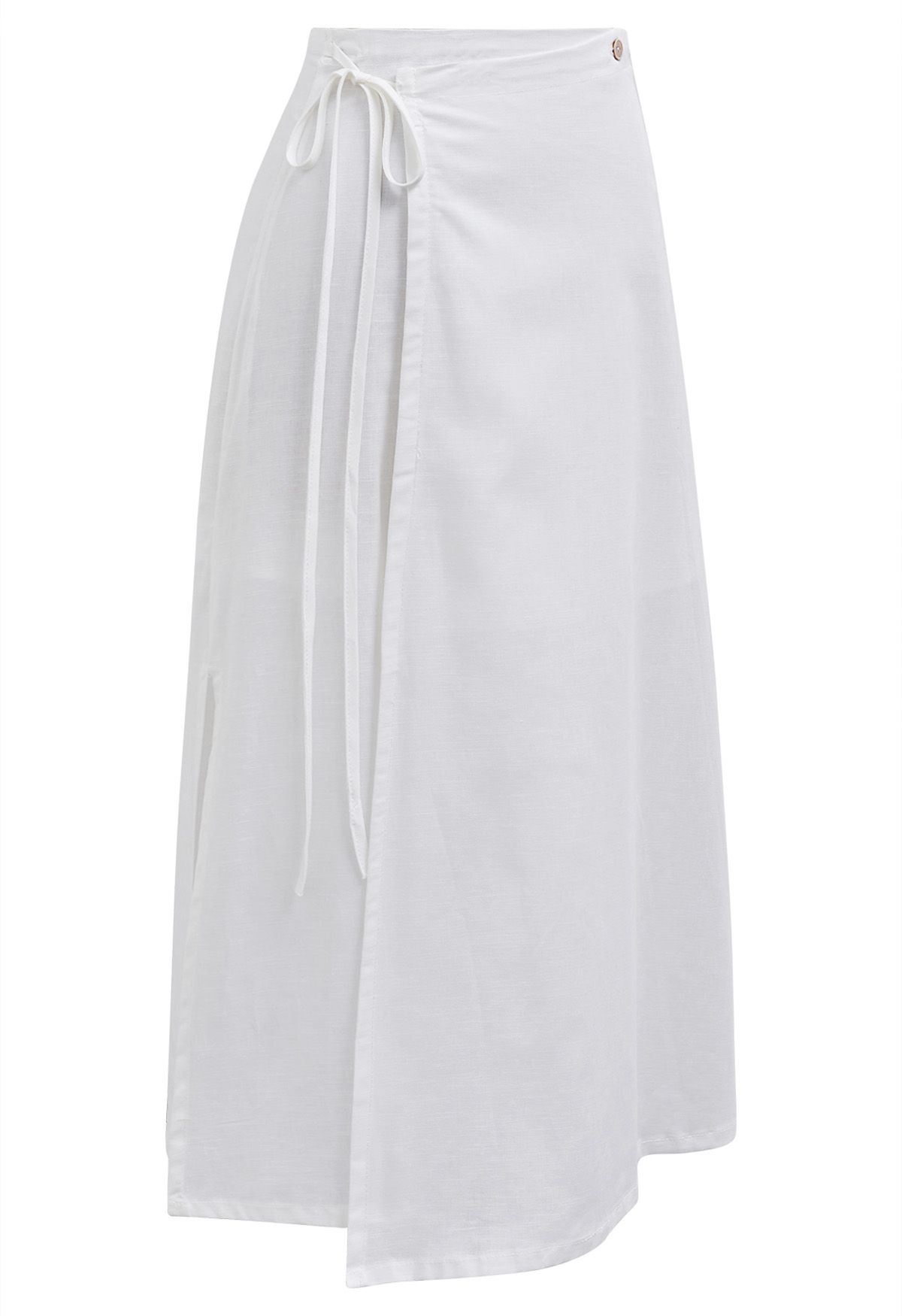 Buttoned Tie-Waist Split Flap Midi Skirt in White