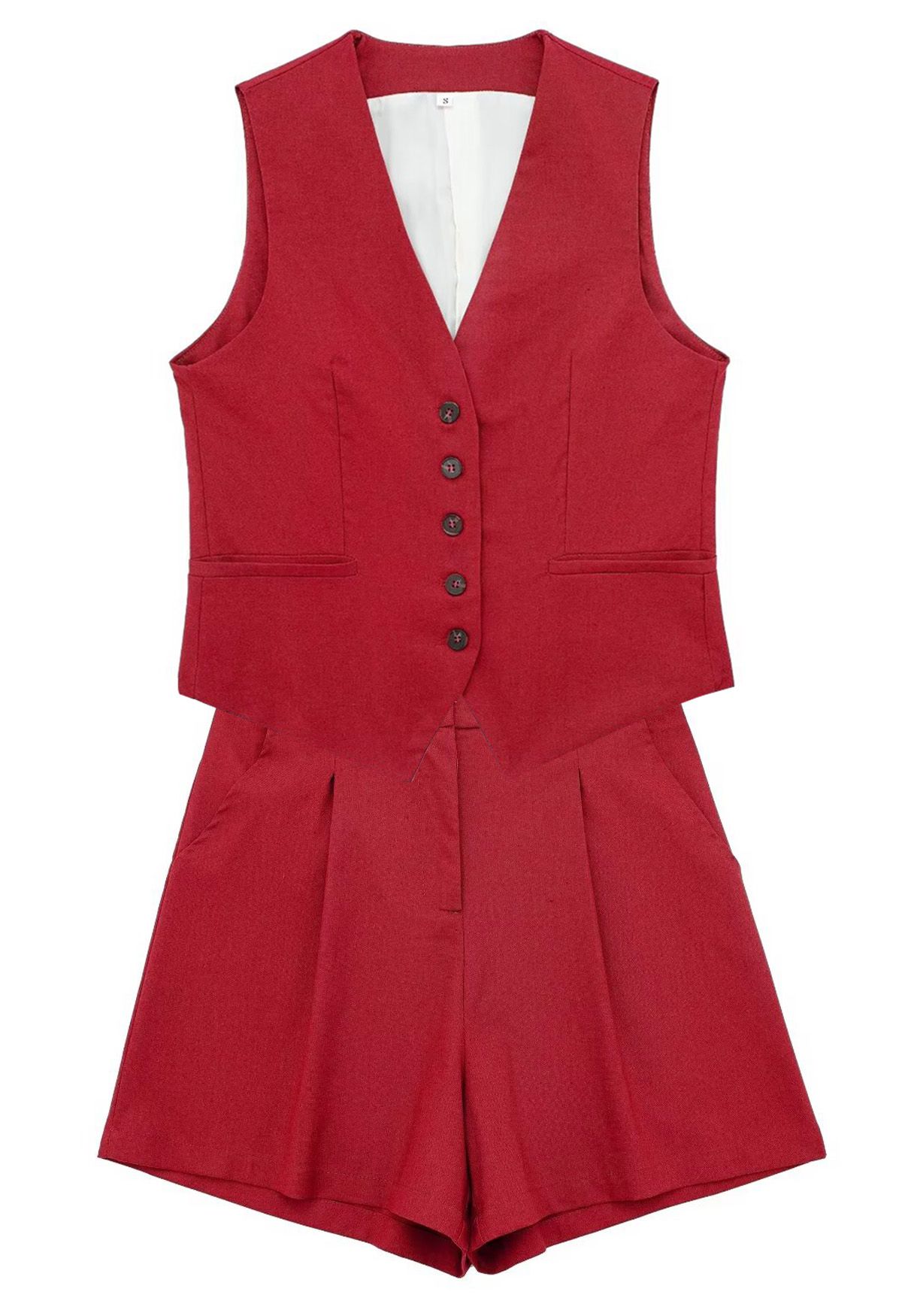 V-Neck Buttoned Down Linen-Blend Vest in Red