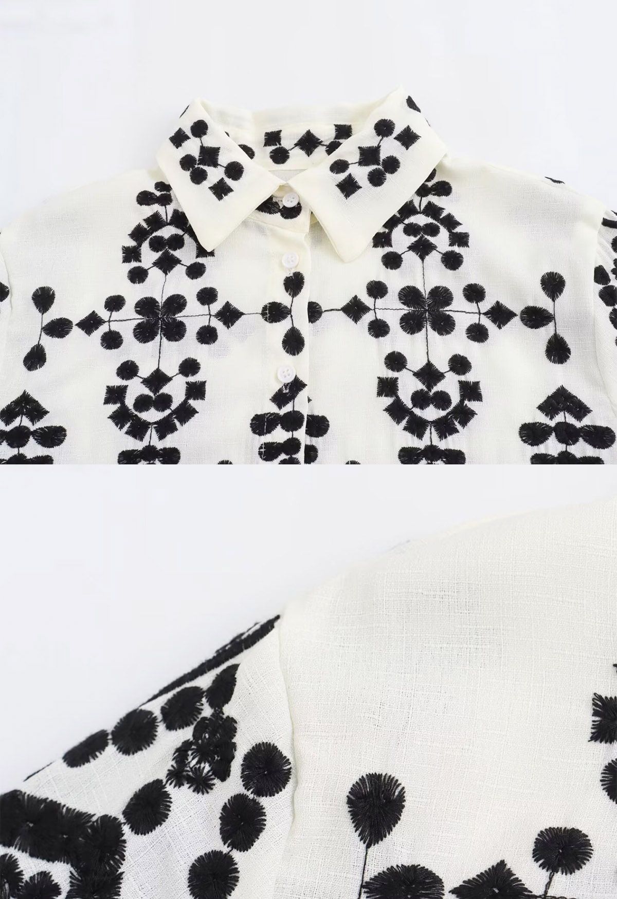 Geometric Floral Embroidered Scalloped Edge Buttoned Shirt