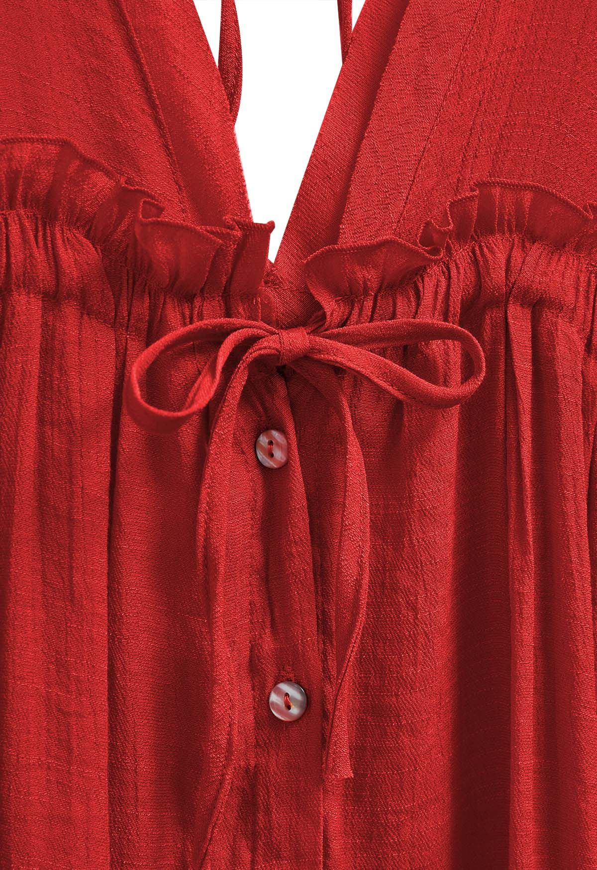 Deep V-Neck Flounce Sleeve Buttoned Cover-Up in Red