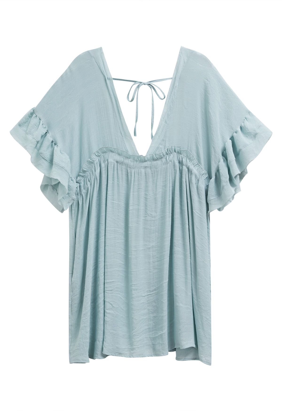 Deep V-Neck Flounce Sleeve Buttoned Cover-Up in Dusty Blue