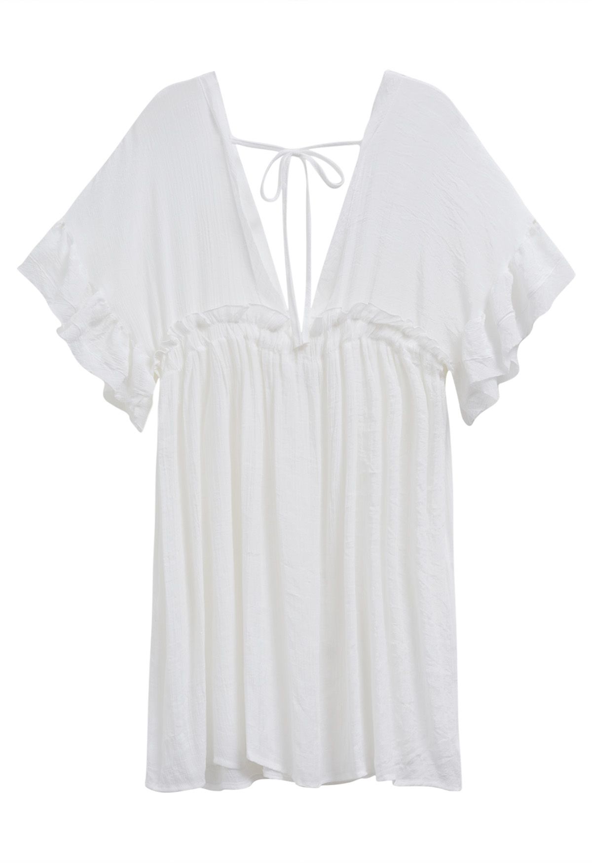 Deep V-Neck Flounce Sleeve Buttoned Cover-Up in White