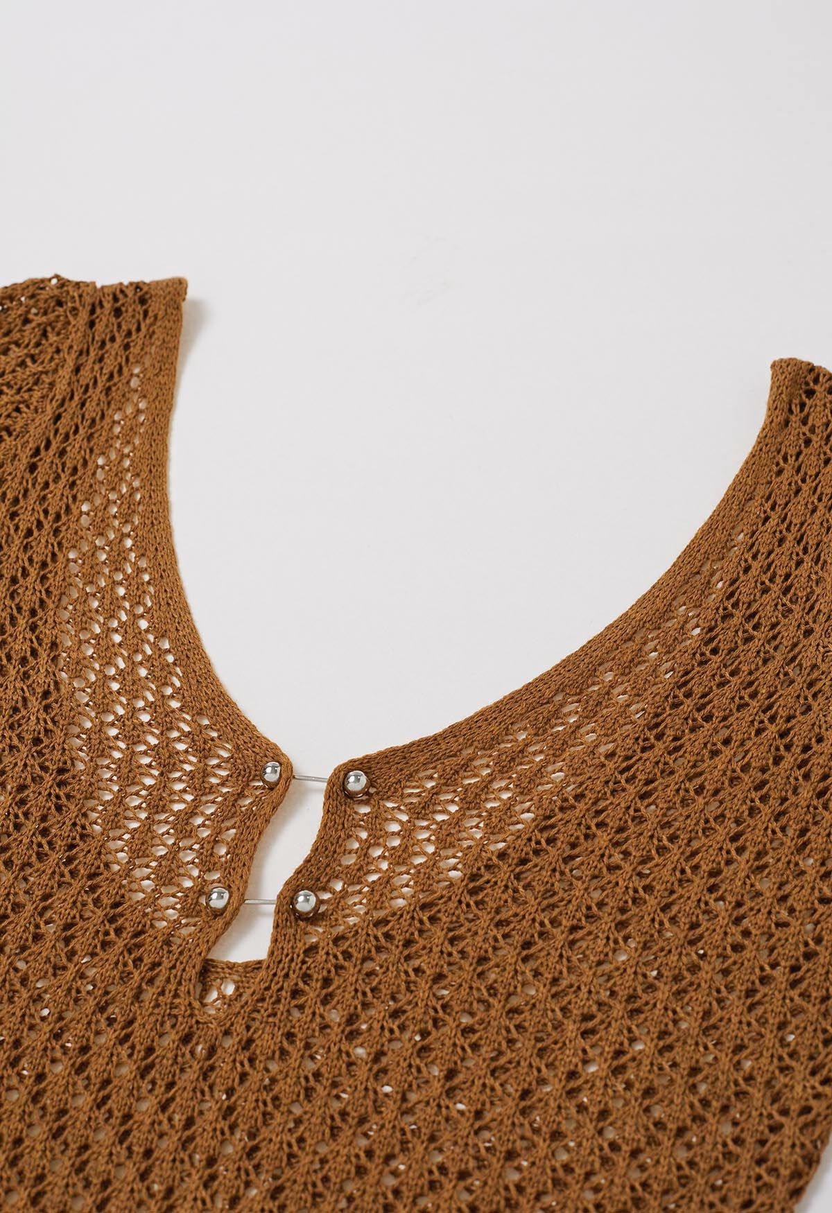 Open Back Bead Decor Crochet Cover-Up in Caramel