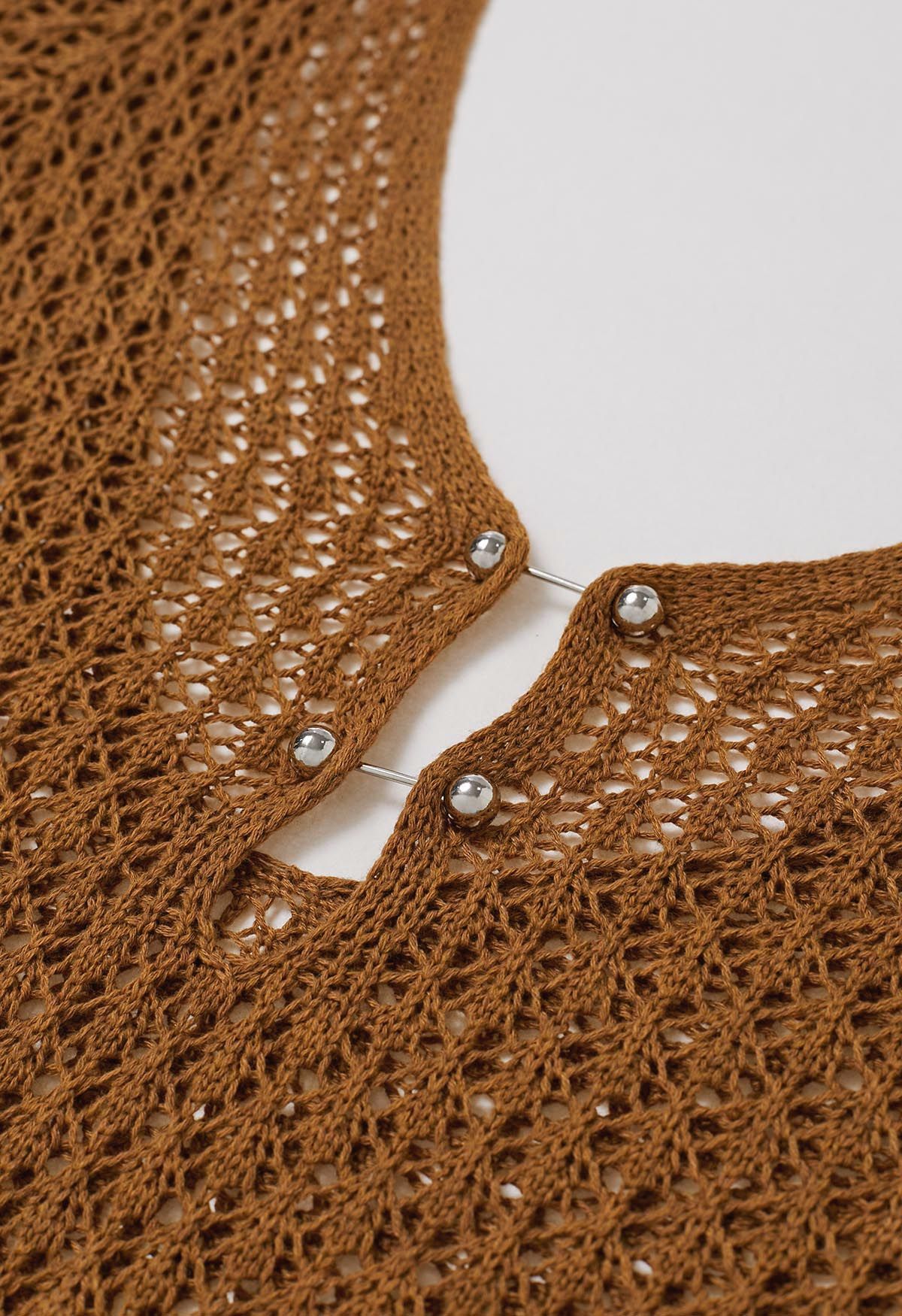 Open Back Bead Decor Crochet Cover-Up in Caramel